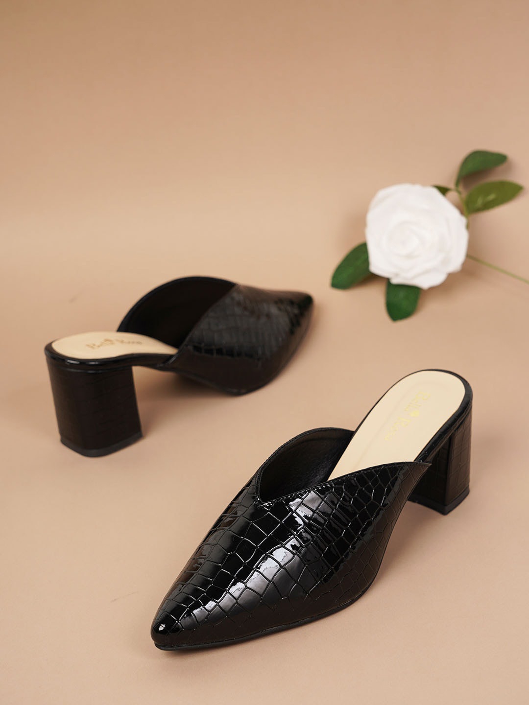 

Bella Rosa Textured Pointed Toe Block Mules, Black