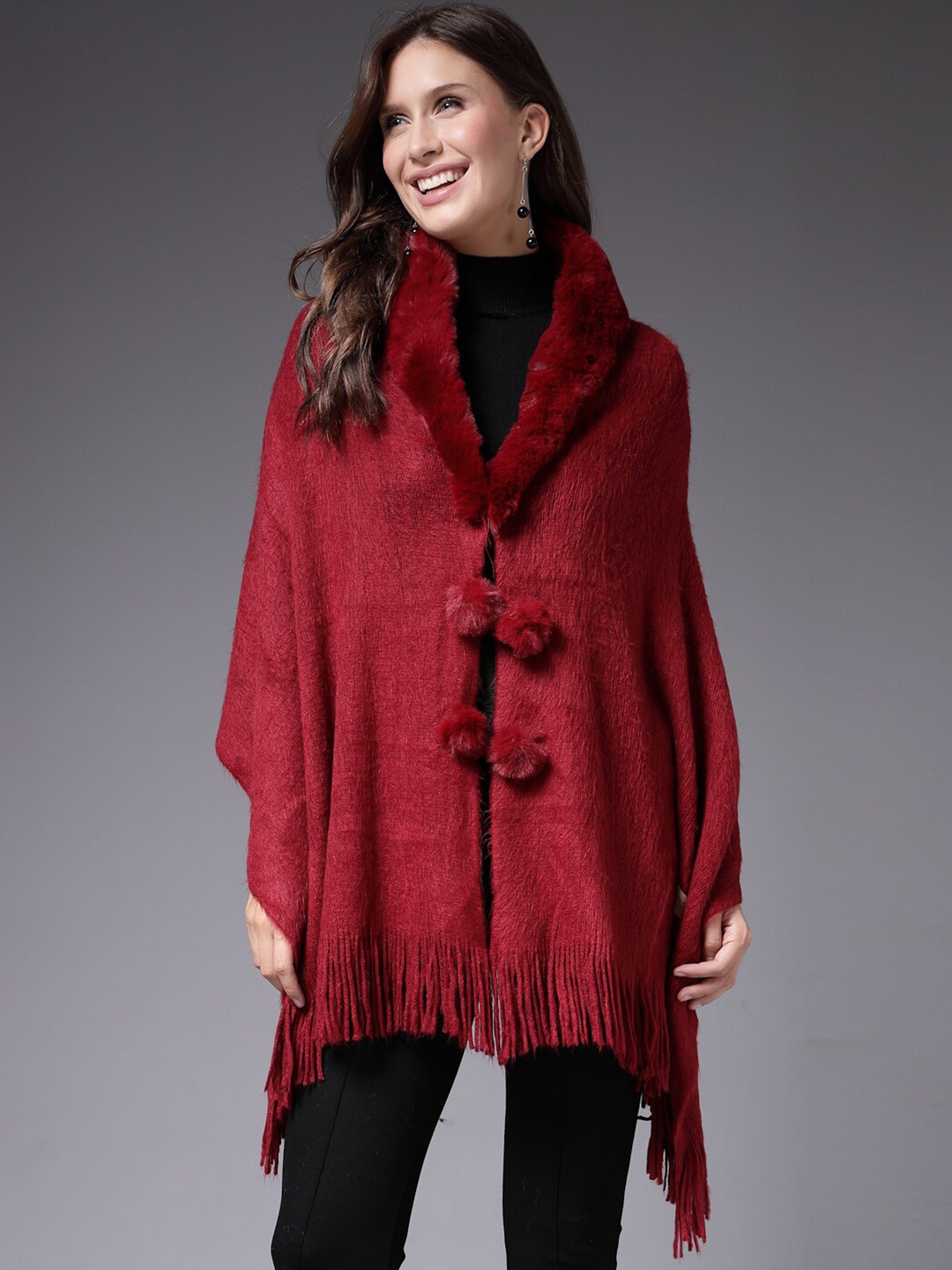 

Mafadeny Shawl Collar Poncho, Maroon