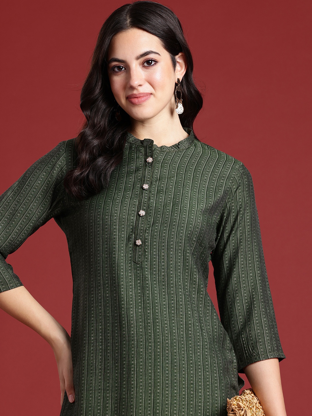 

Anouk Women Striped Straight Kurta, Green