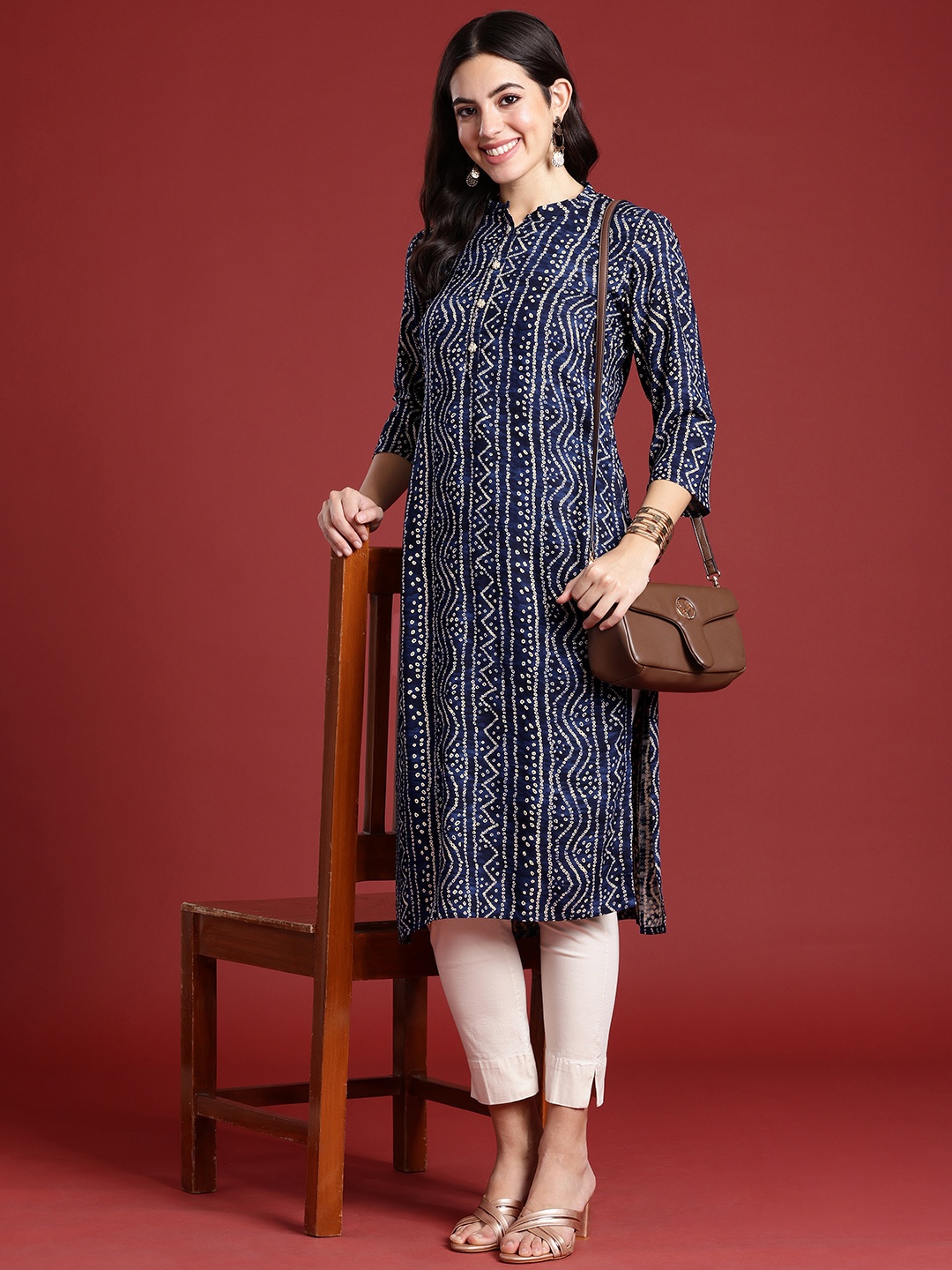 

Anouk Women Bandhani Printed Straight Kurta, Blue