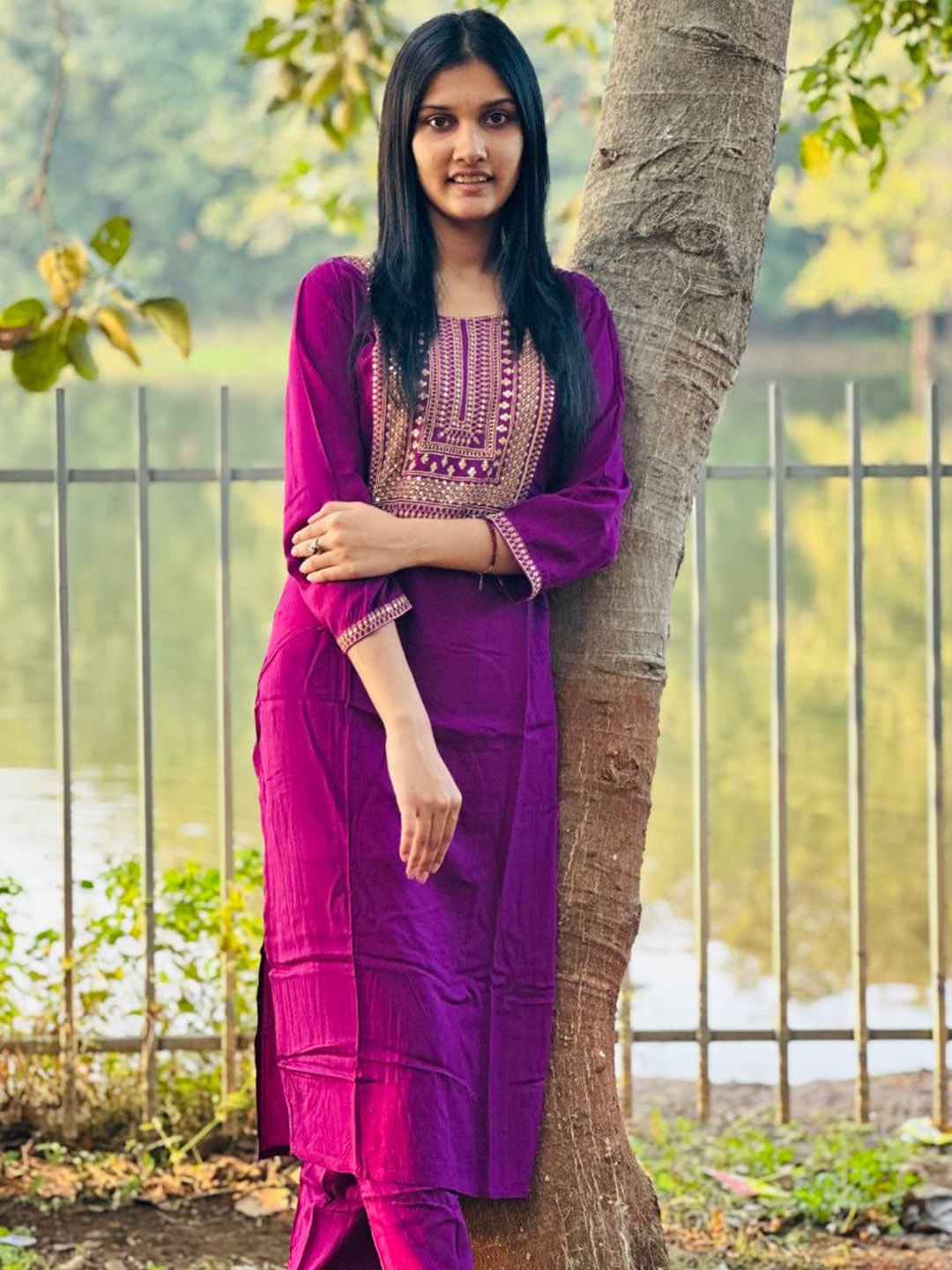 

Twika Women Purple Embroidered Regular Kurti with Trousers & With Dupatta