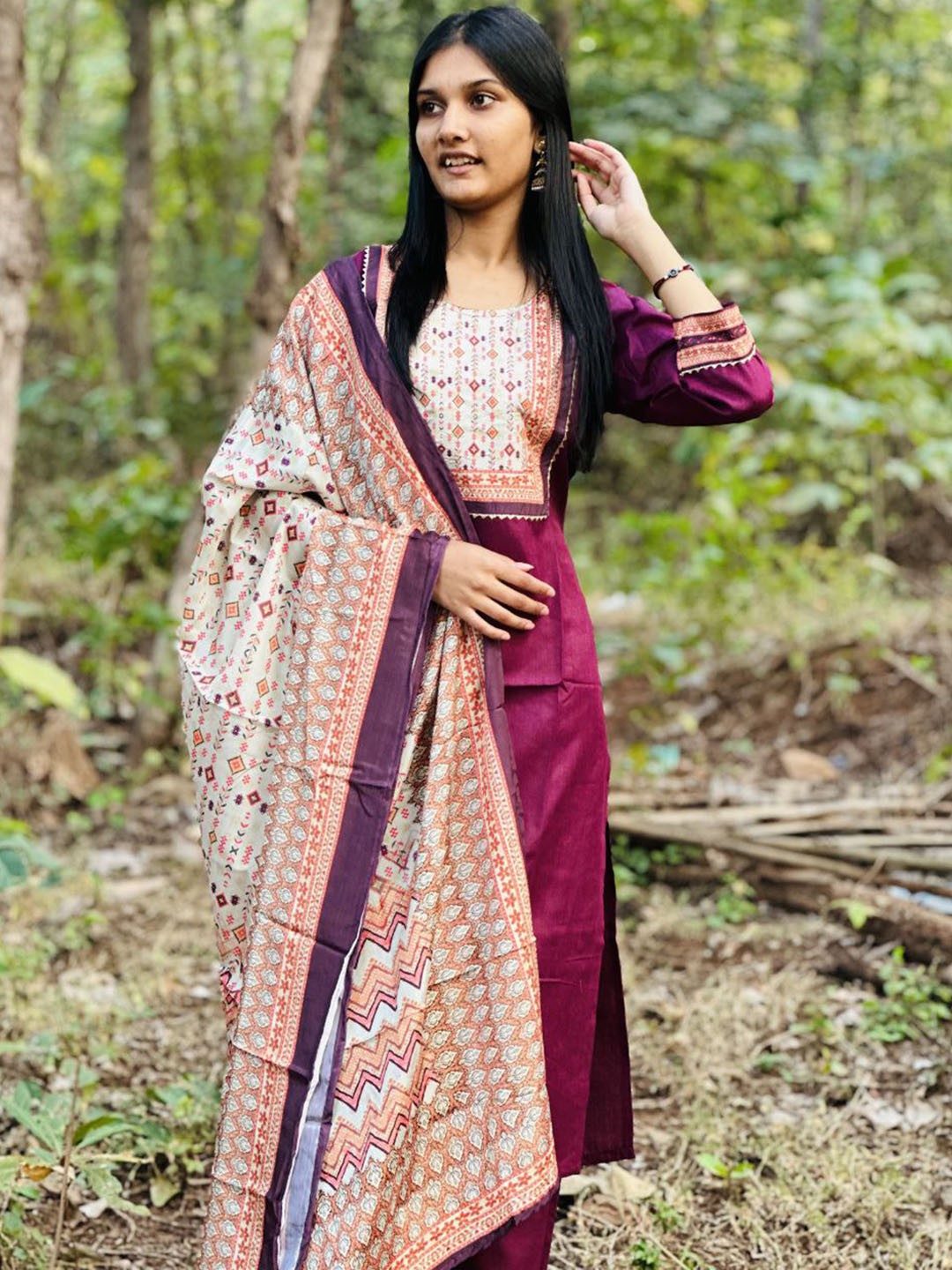 

Twika Women Purple Printed Regular Kurti with Trousers & With Dupatta