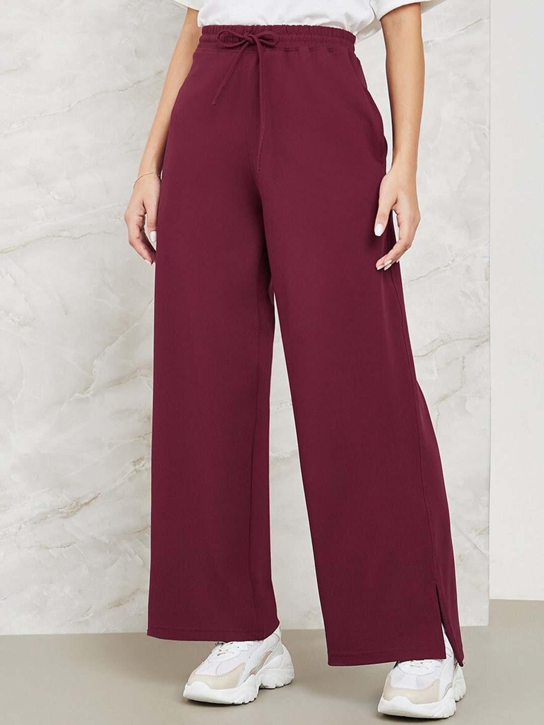 

Styli Women Burgundy Wide Leg Mid-Rise Track Pants