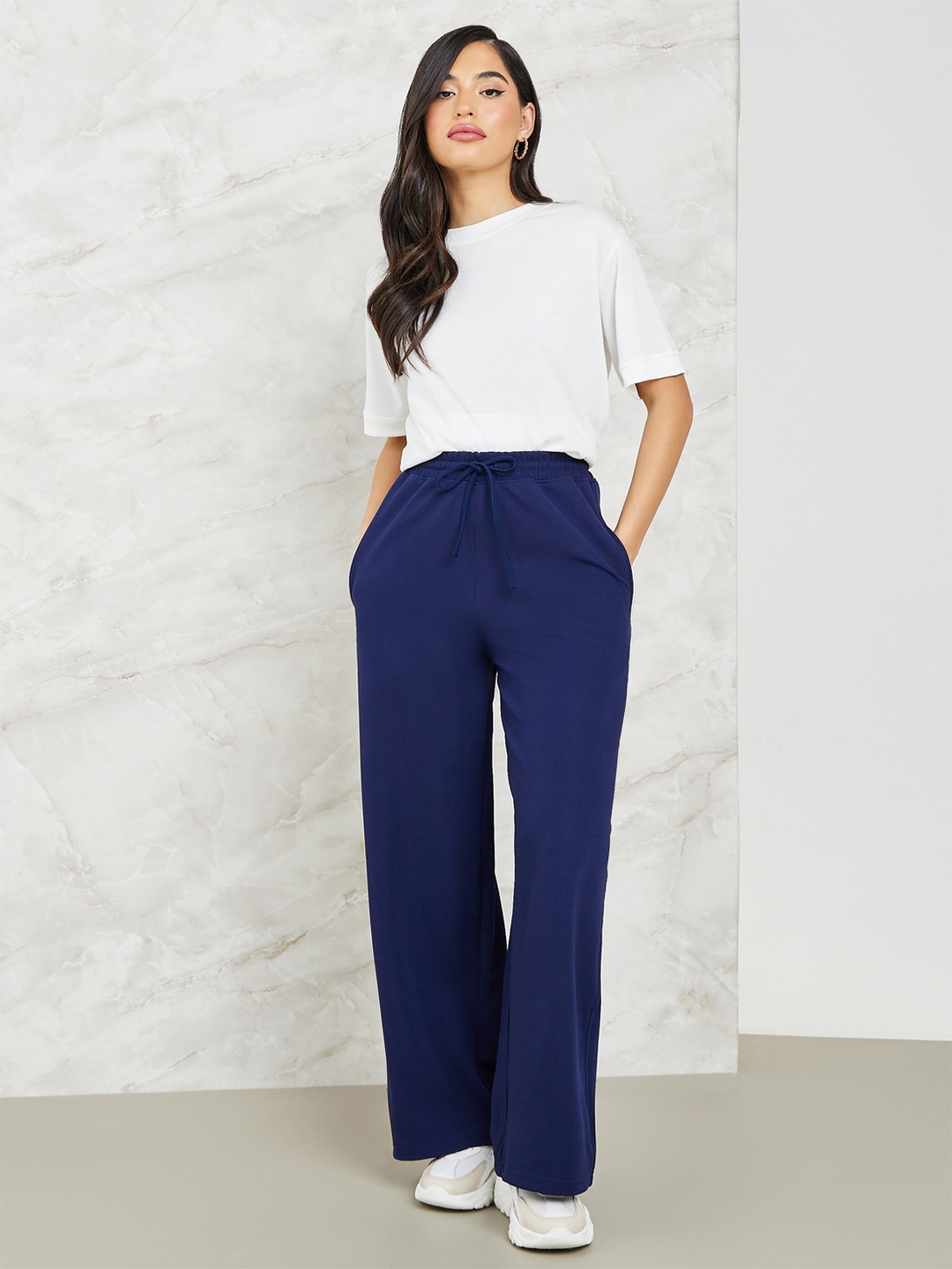 

Styli Women Navy Blue Wide Leg Mid-Rise Track Pants