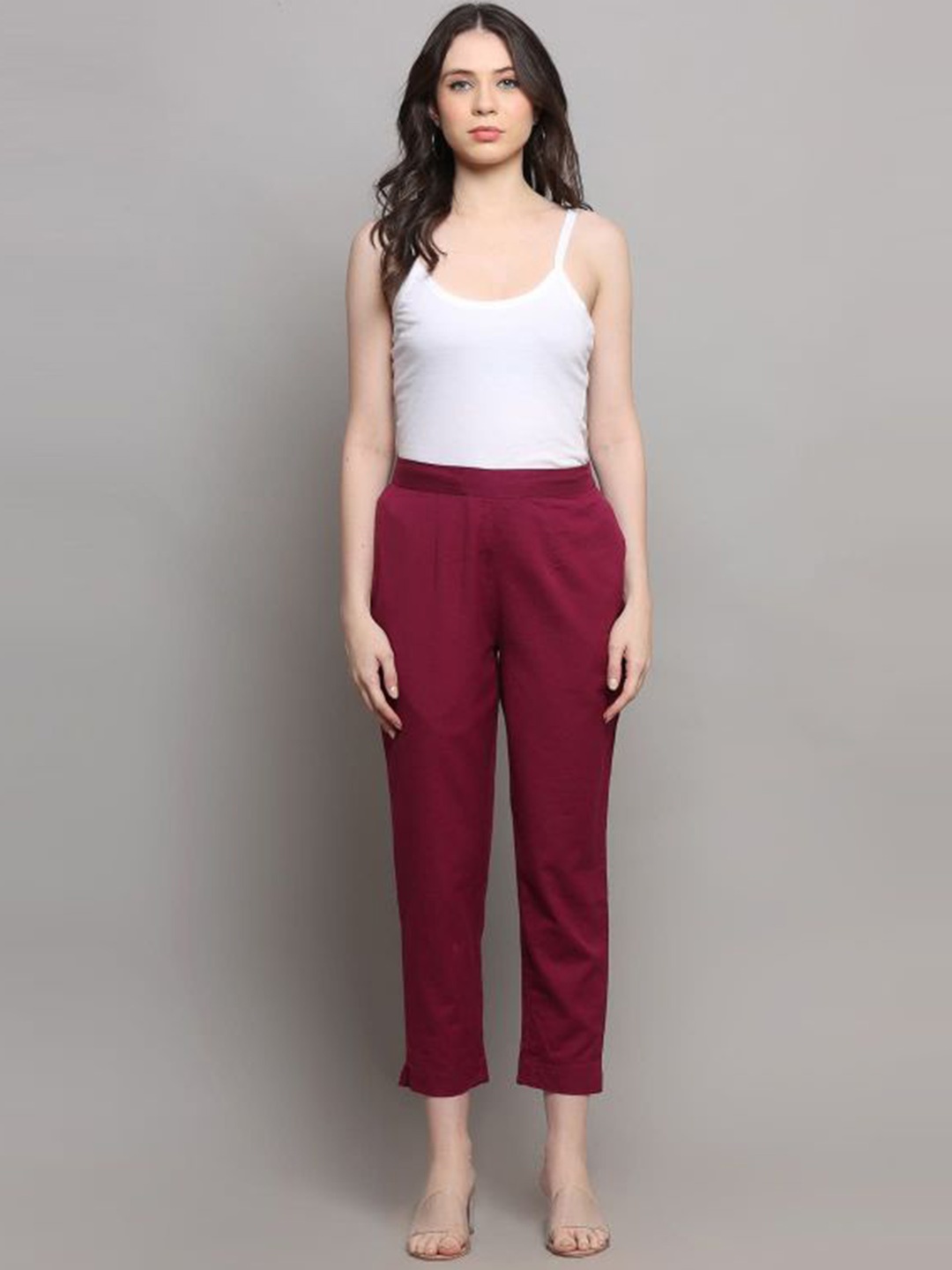 

MAIYEE Women Cotton Cropped Cigarette Trousers, Purple