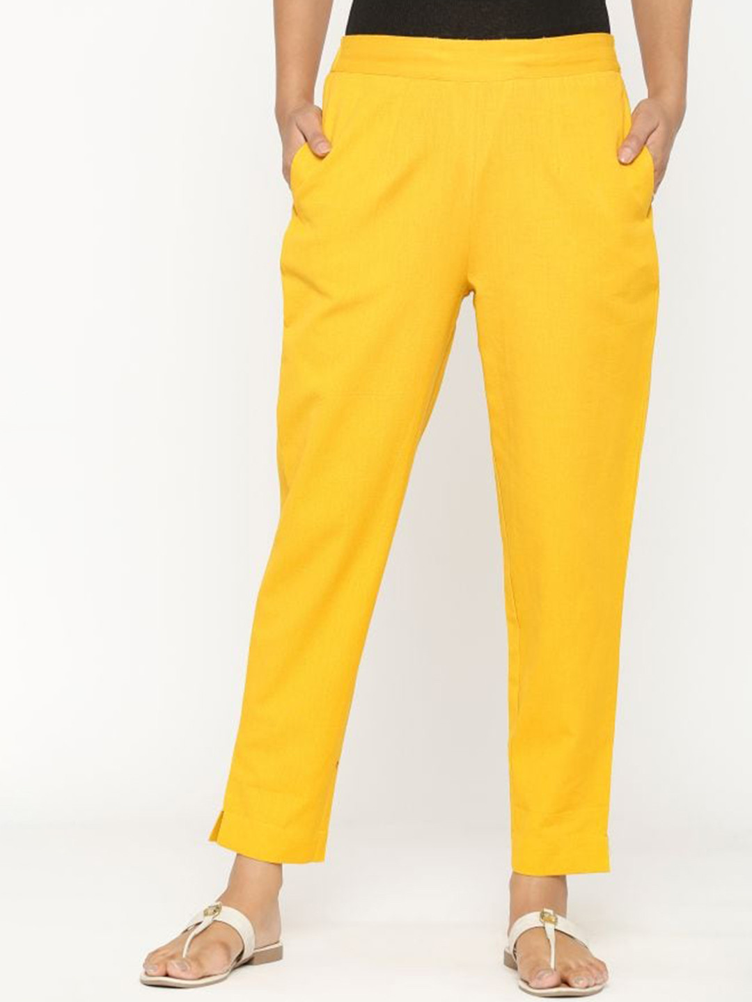 

MAIYEE Women Mid Rise Cotton Trousers, Yellow