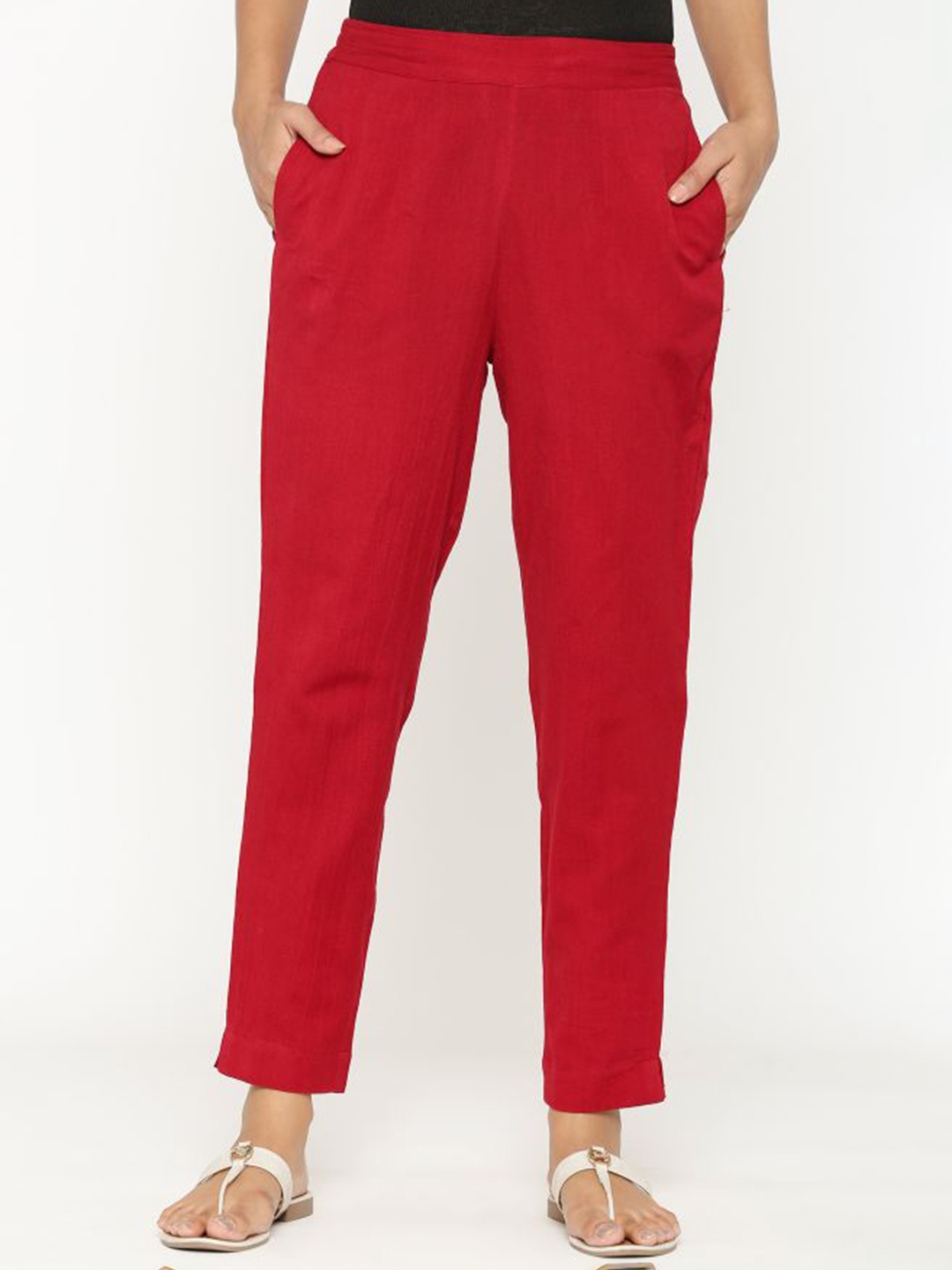 

MAIYEE Women Mid Rise Cotton Trousers, Red