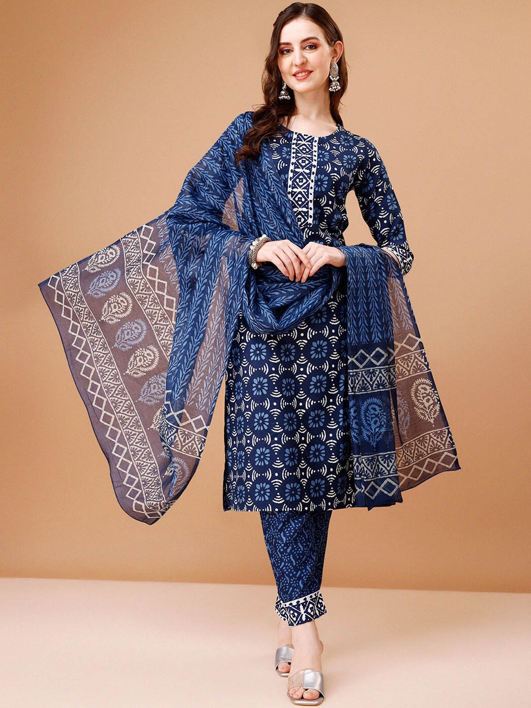 

KALINI Floral Printed Kurta & Trousers With Dupatta, Blue