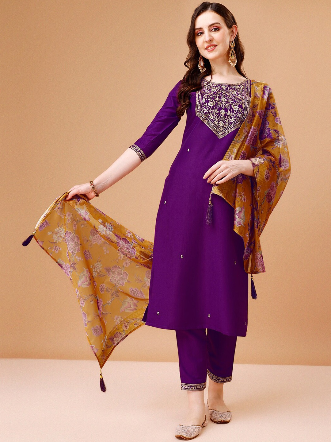 

Berrylicious Floral Embroidered Regular Kurta with Trousers & Dupatta, Purple