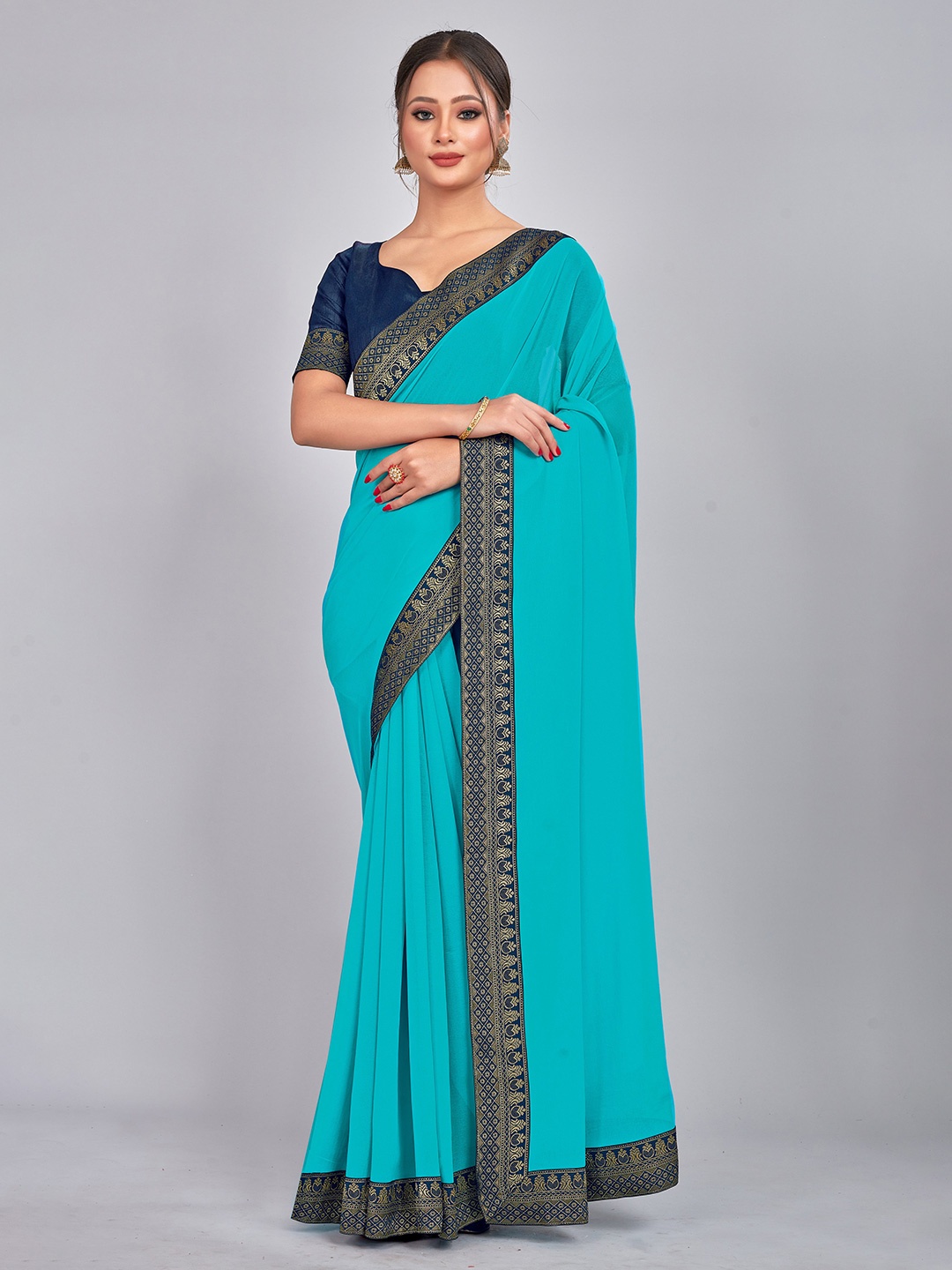 

CastilloFab Woven Design Border Pure Georgette Saree, Turquoise blue