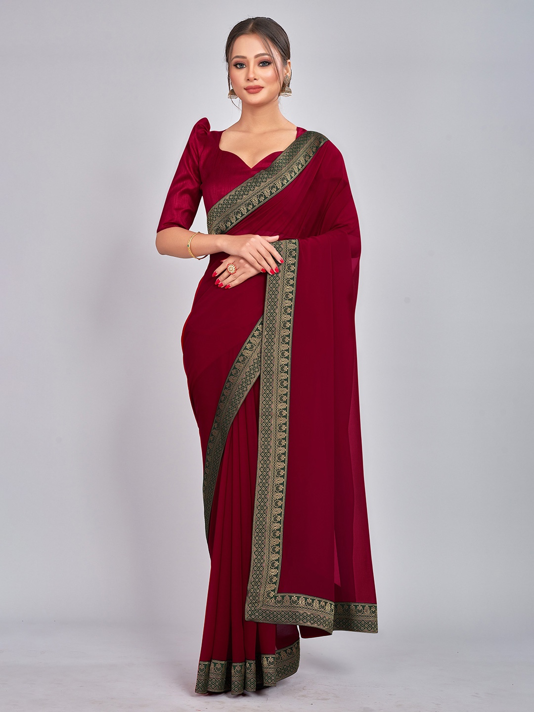 

CastilloFab Woven Design Border Pure Georgette Saree, Maroon