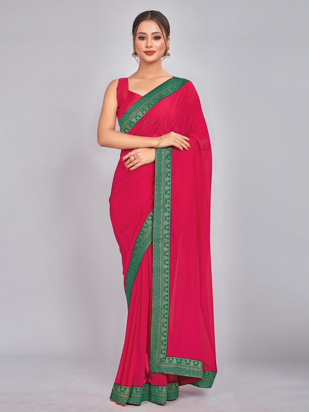 

CastilloFab Woven Design Border Pure Georgette Saree, Pink
