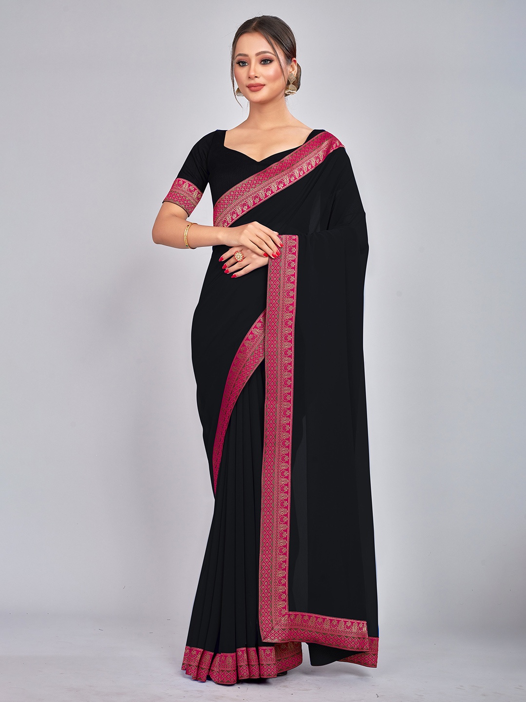 

CastilloFab Woven Design Border Pure Georgette Saree, Black