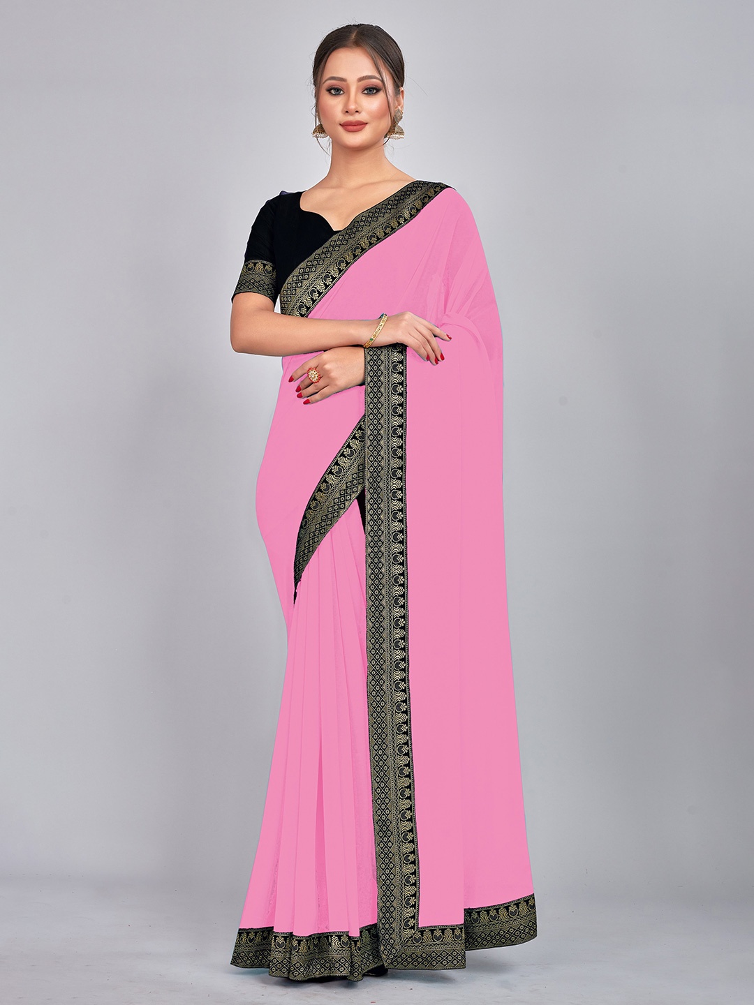 

CastilloFab Woven Design Border Pure Georgette Saree, Pink