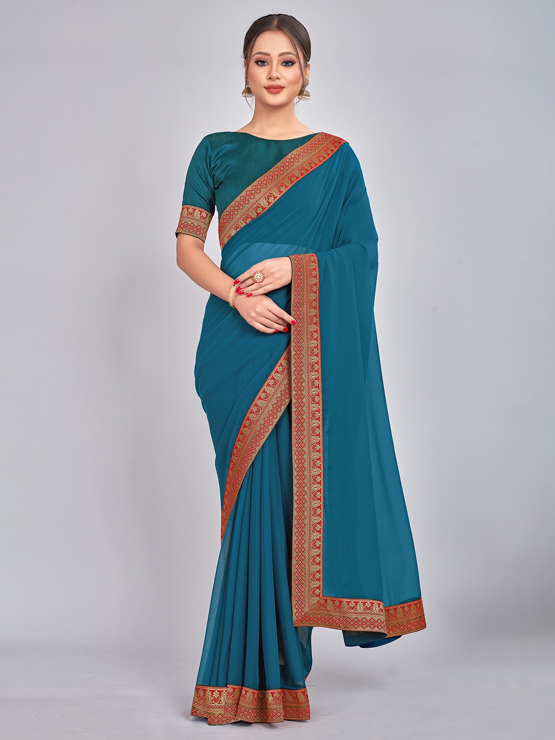 

CastilloFab Woven Design Border Pure Georgette Saree, Teal