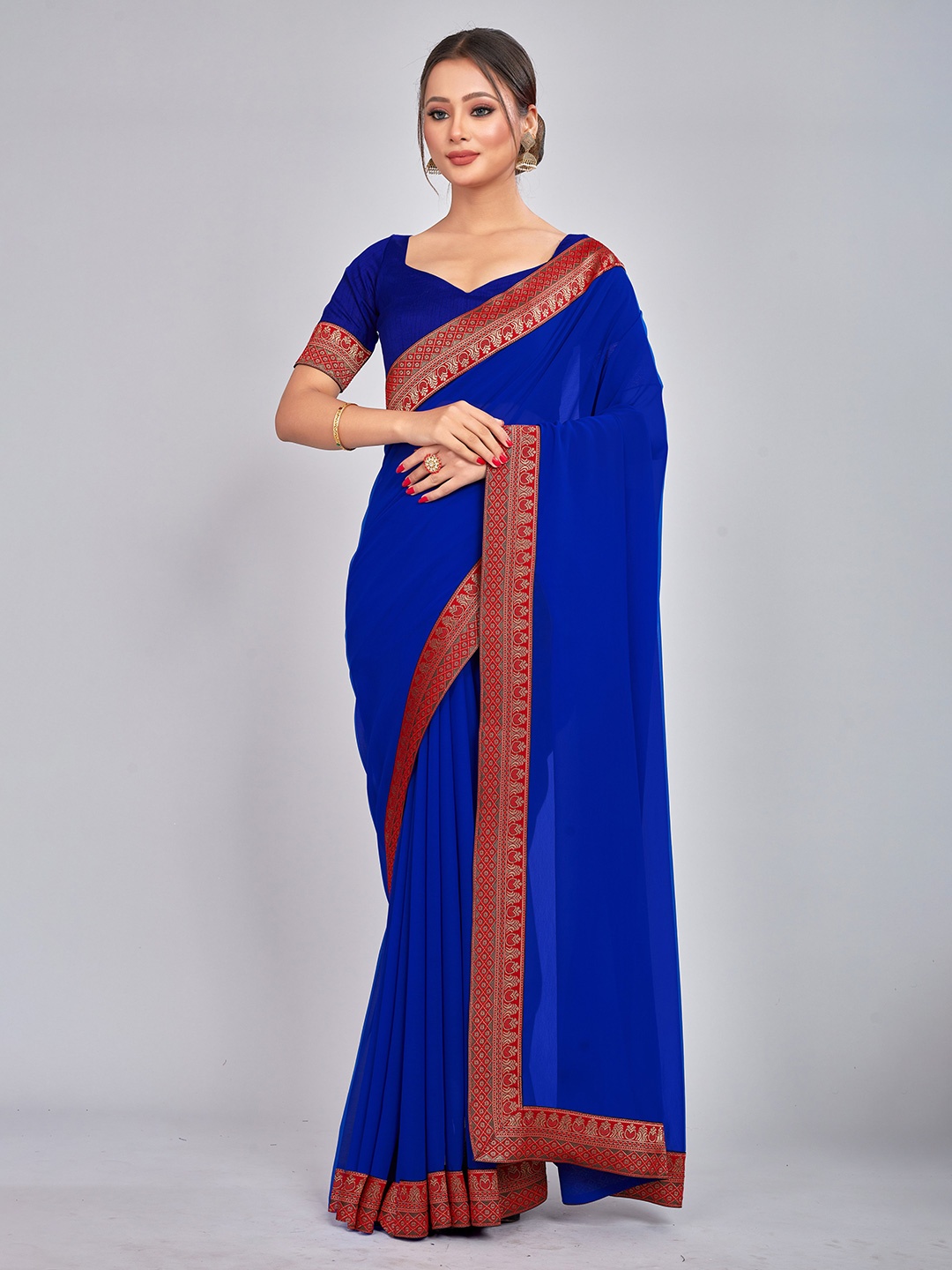 

CastilloFab Woven Design Border Pure Georgette Saree, Blue