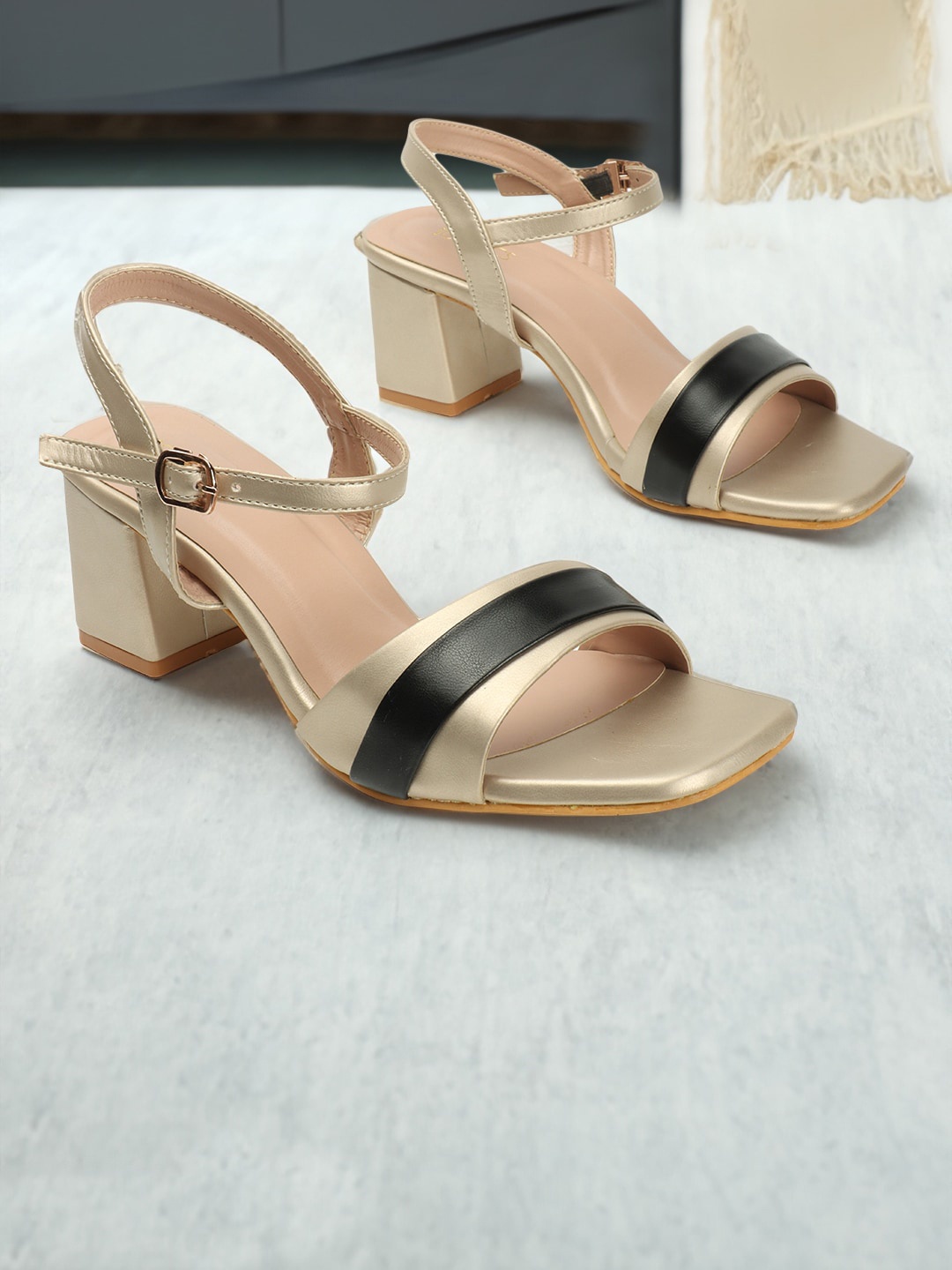 

ICONICS Colourblocked Block Heels With Buckle Closure, Gold