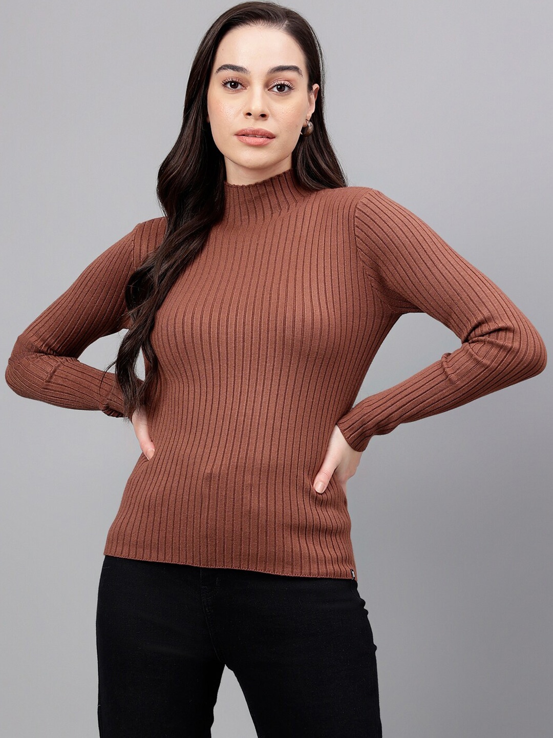 

Xpose Ribbed Turtle Neck Pullover, Brown