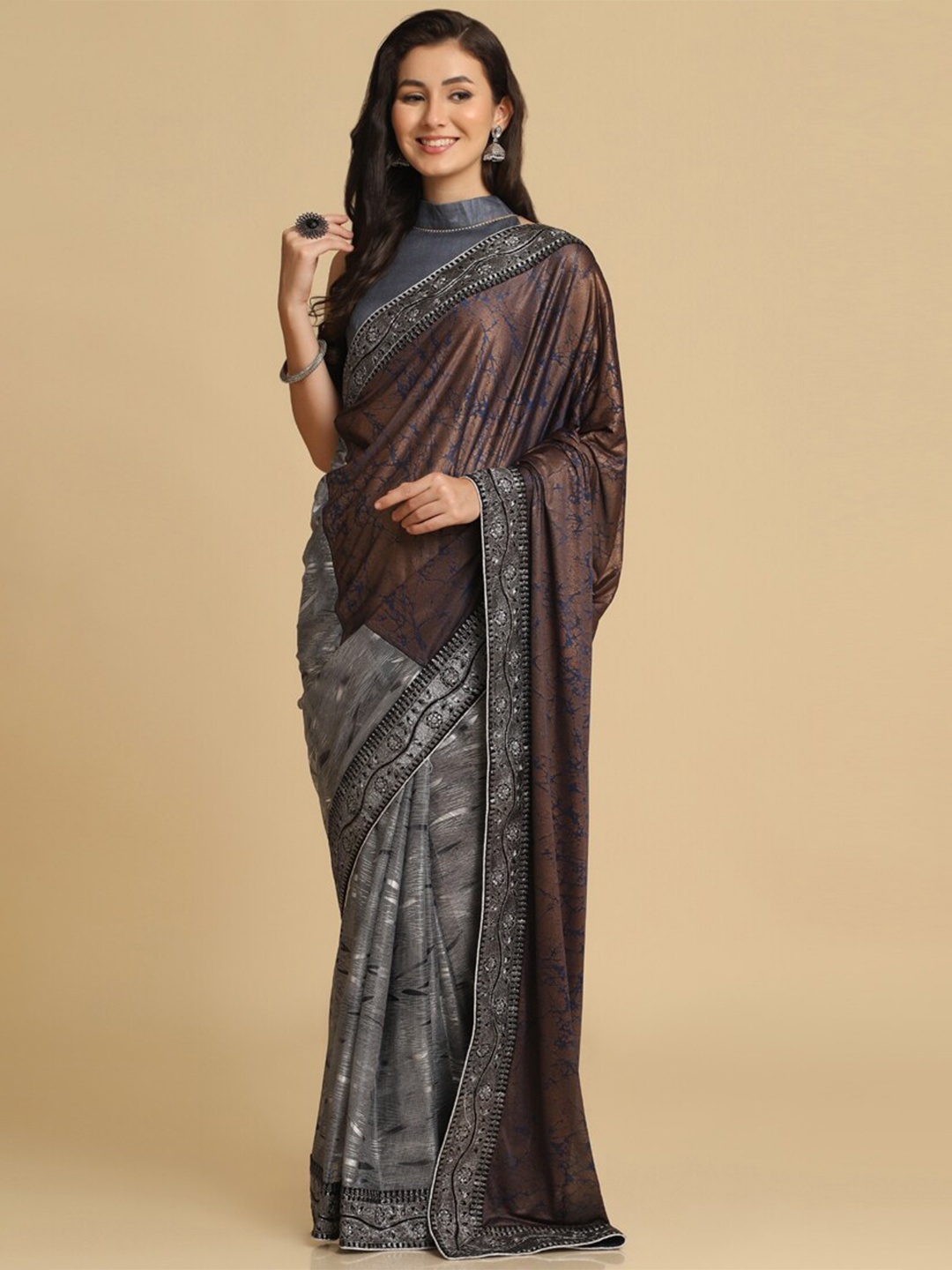 

ASISA Abstract Printed Embroidered Half and Half Saree, Coffee brown