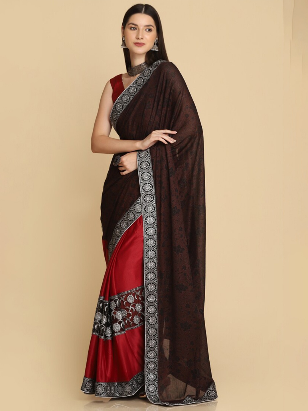 

ASISA Floral Printed Embroidered Half and Half Saree, Maroon