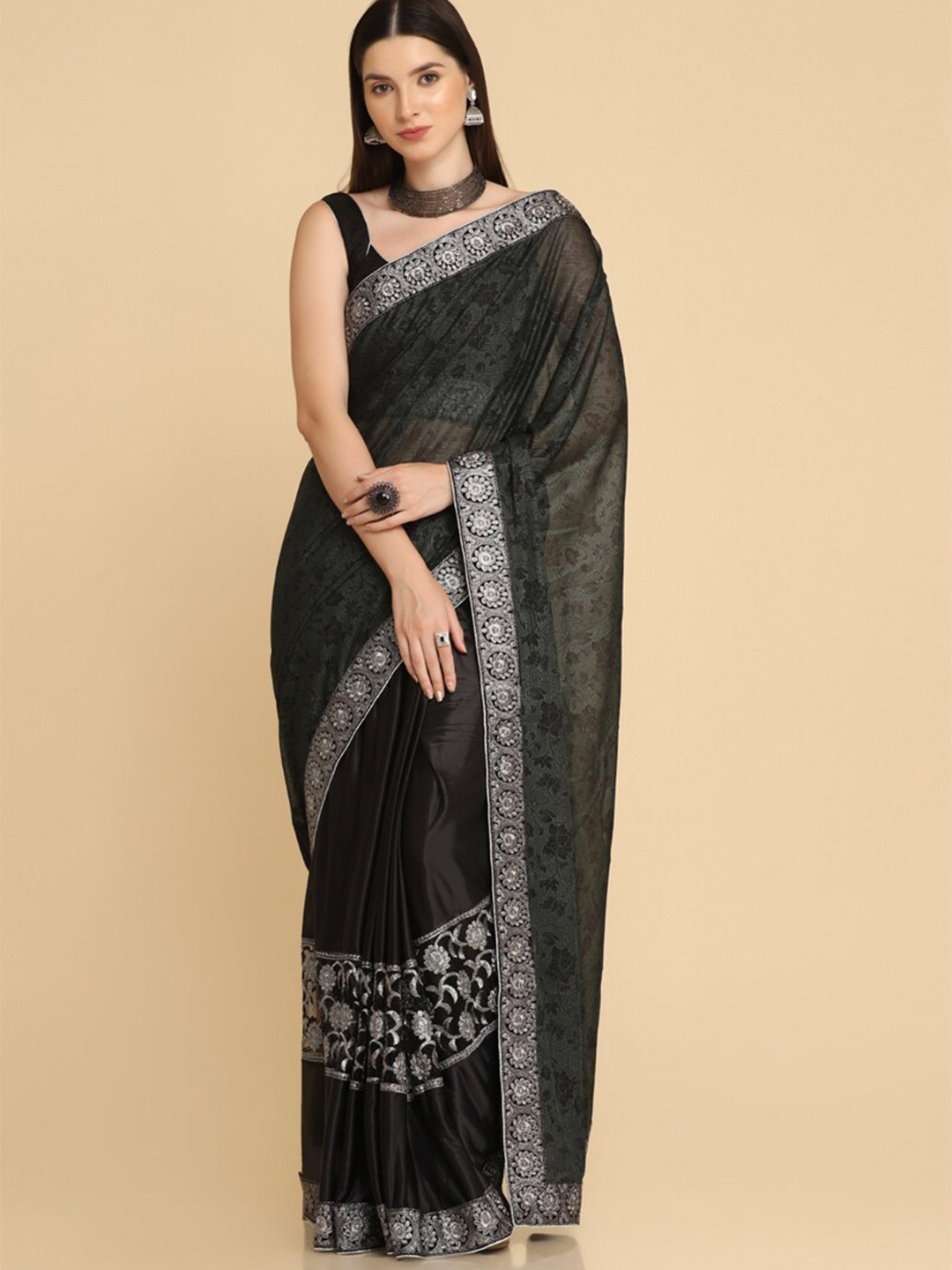 

ASISA Floral Printed Embroidered Half and Half Saree, Black