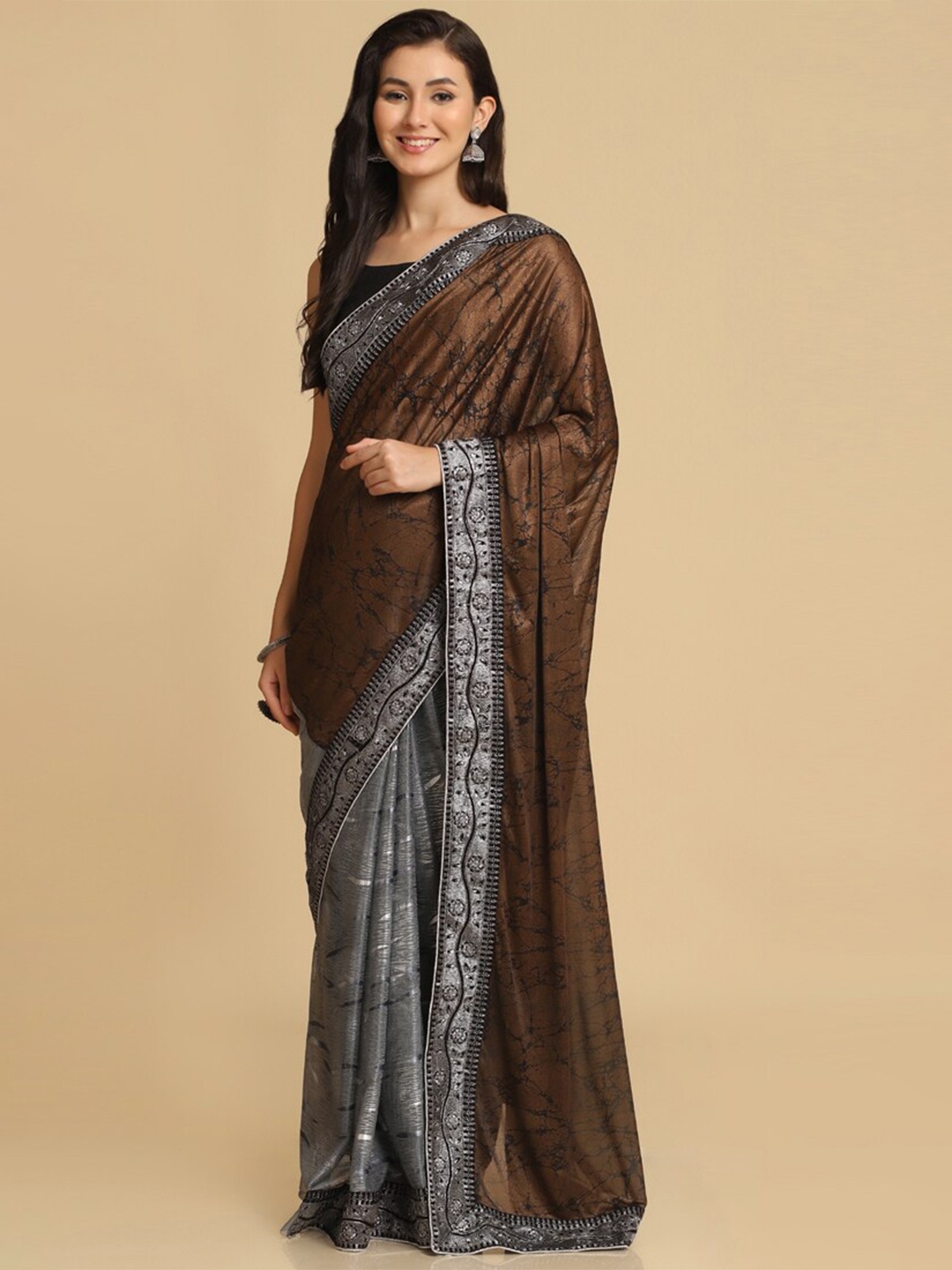 

ASISA Abstract Printed Embroidered Half and Half Saree, Coffee brown