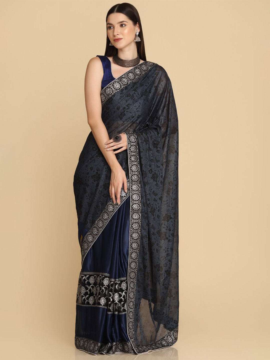 

ASISA Floral Printed Embroidered Half and Half Saree, Navy blue