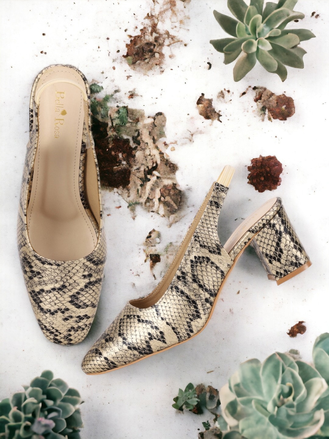 

Bella Rosa Printed Block Square Toe Pumps With Backstrap, Gold