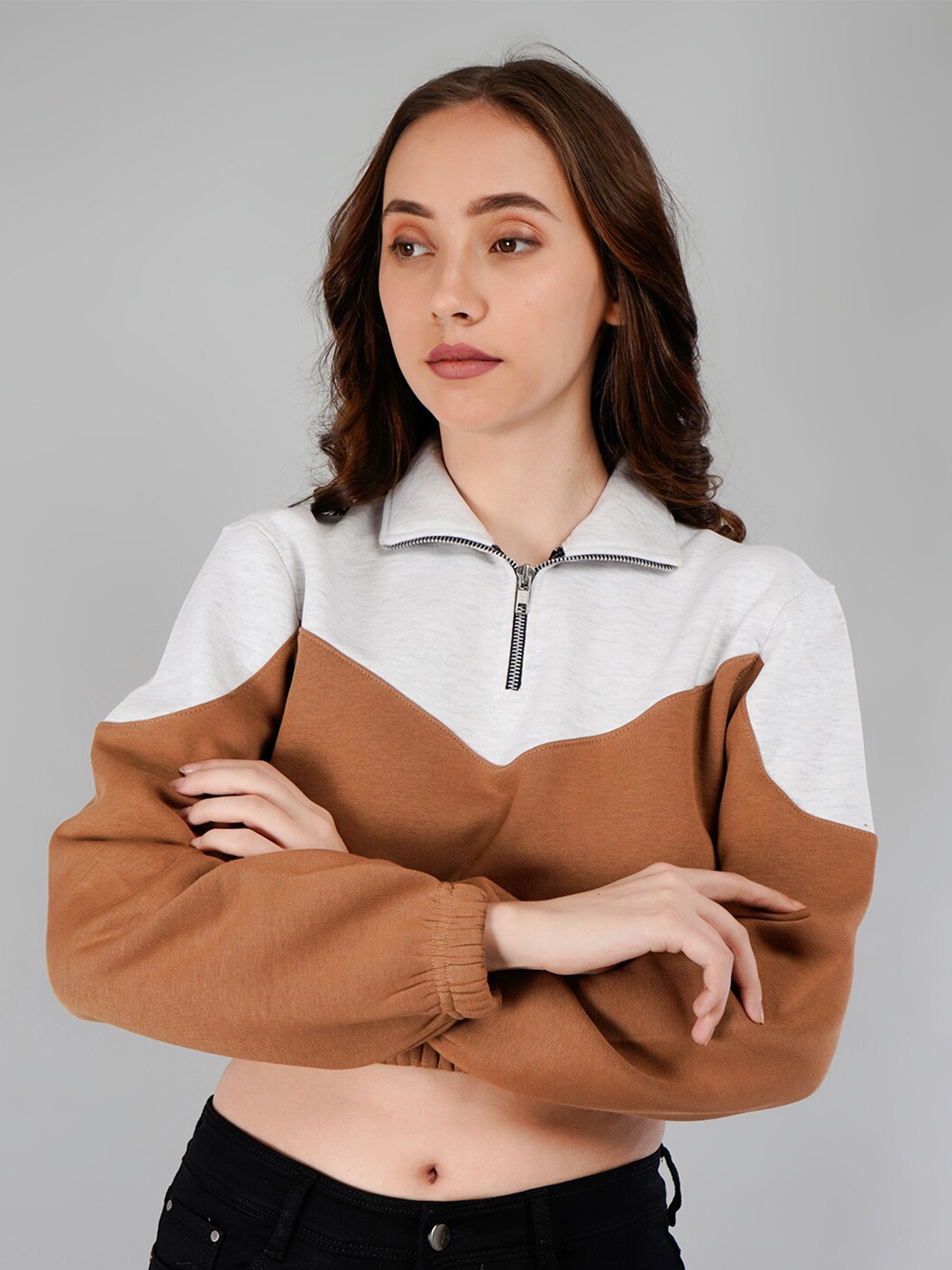 

BESIMPLE Colourblocked Shirt Collar Crop Pullover Sweatshirt, Brown