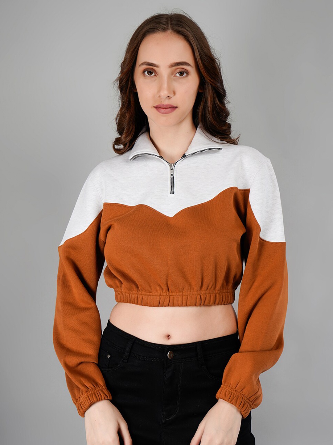 

BESIMPLE Colourblocked Shirt Collar Crop Pullover Sweatshirt, Brown