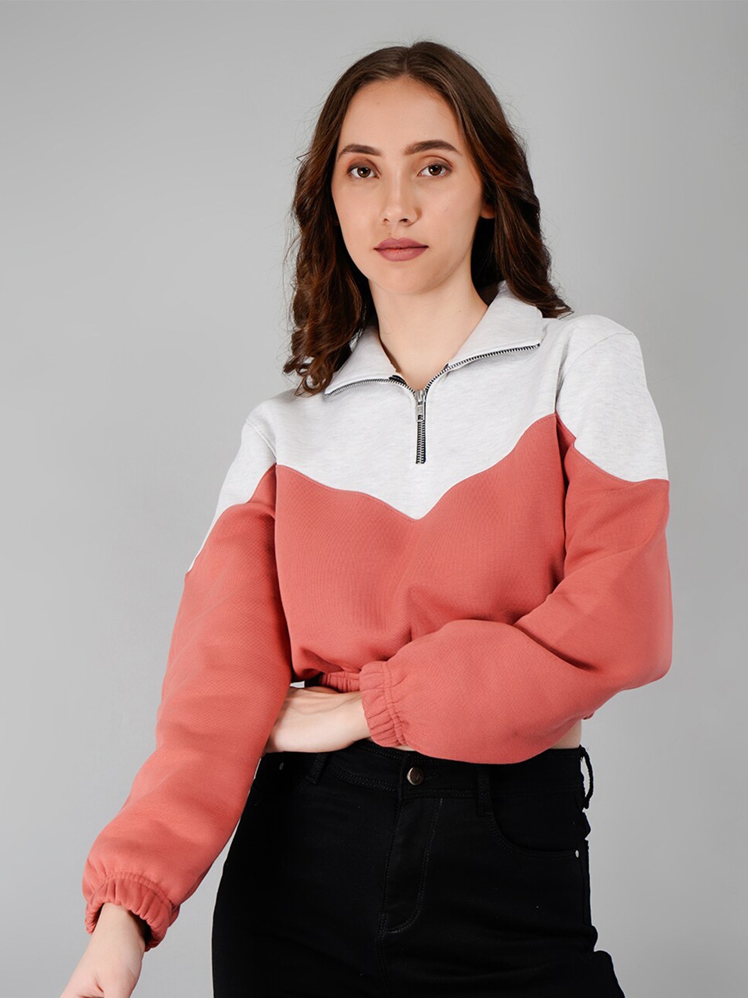 

BESIMPLE Colourblocked Shirt Collar Crop Pullover Sweatshirt, Pink