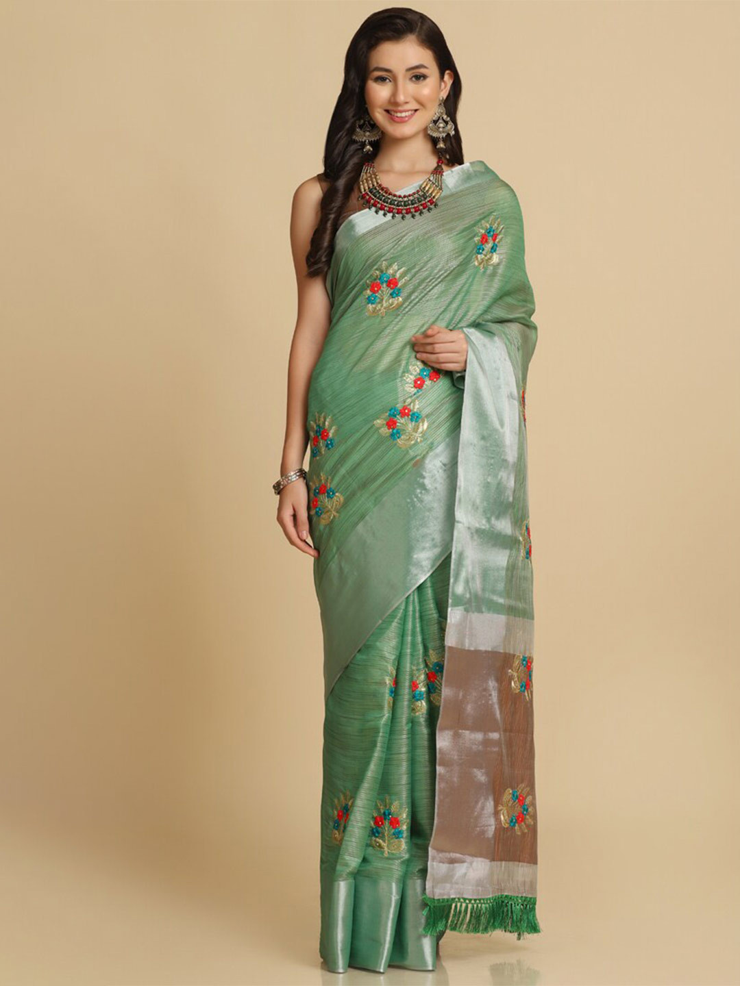 

ASISA Floral Embroidered Zari Pure Cotton Saree, Green