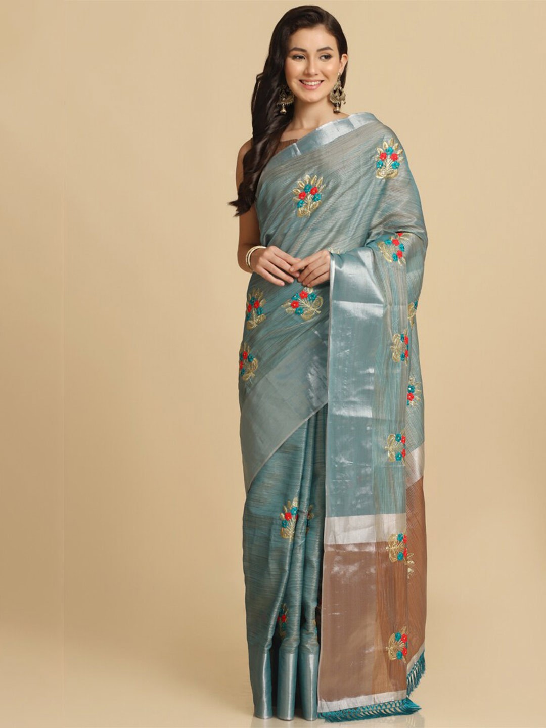

ASISA Floral Embroidered Zari Pure Cotton Saree, Blue
