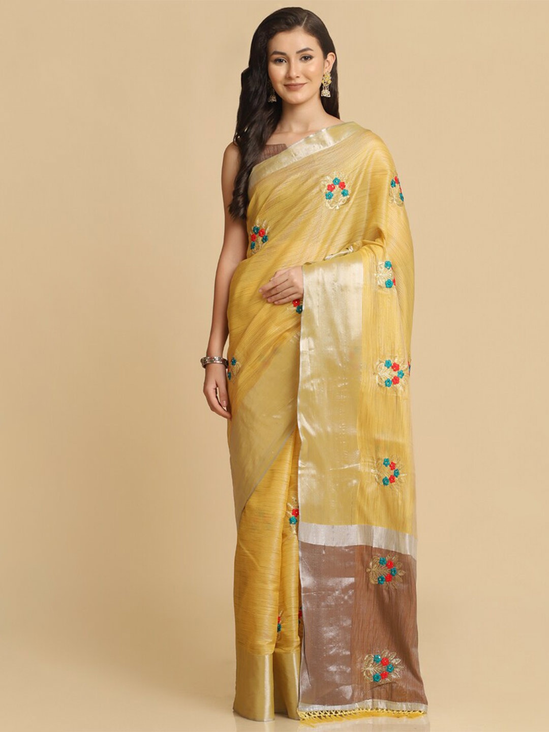 

ASISA Floral Embroidered Zari Pure Cotton Saree, Mustard