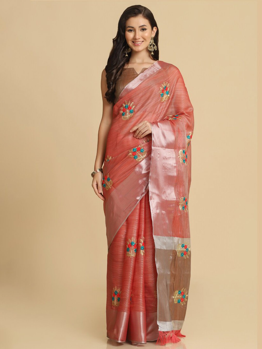 

ASISA Floral Embroidered Zari Pure Cotton Saree, Peach