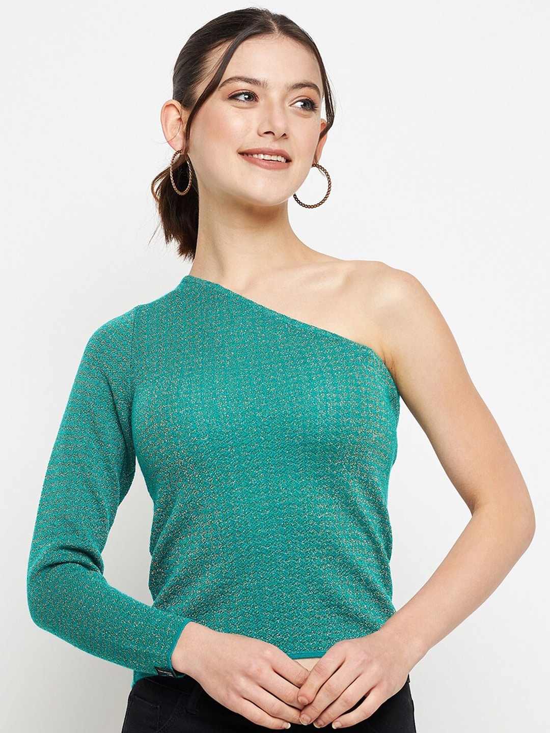 

CREATIVE LINE One Shoulder Woollen Knitted Top, Turquoise blue