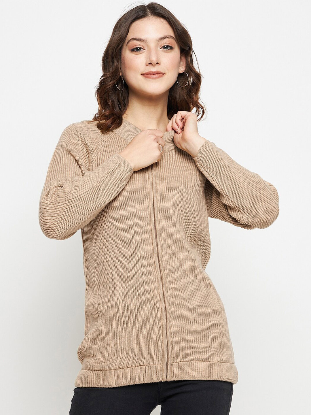 

CREATIVE LINE Ribbed Knitted Woollen Longline Cardigan Sweater, Beige