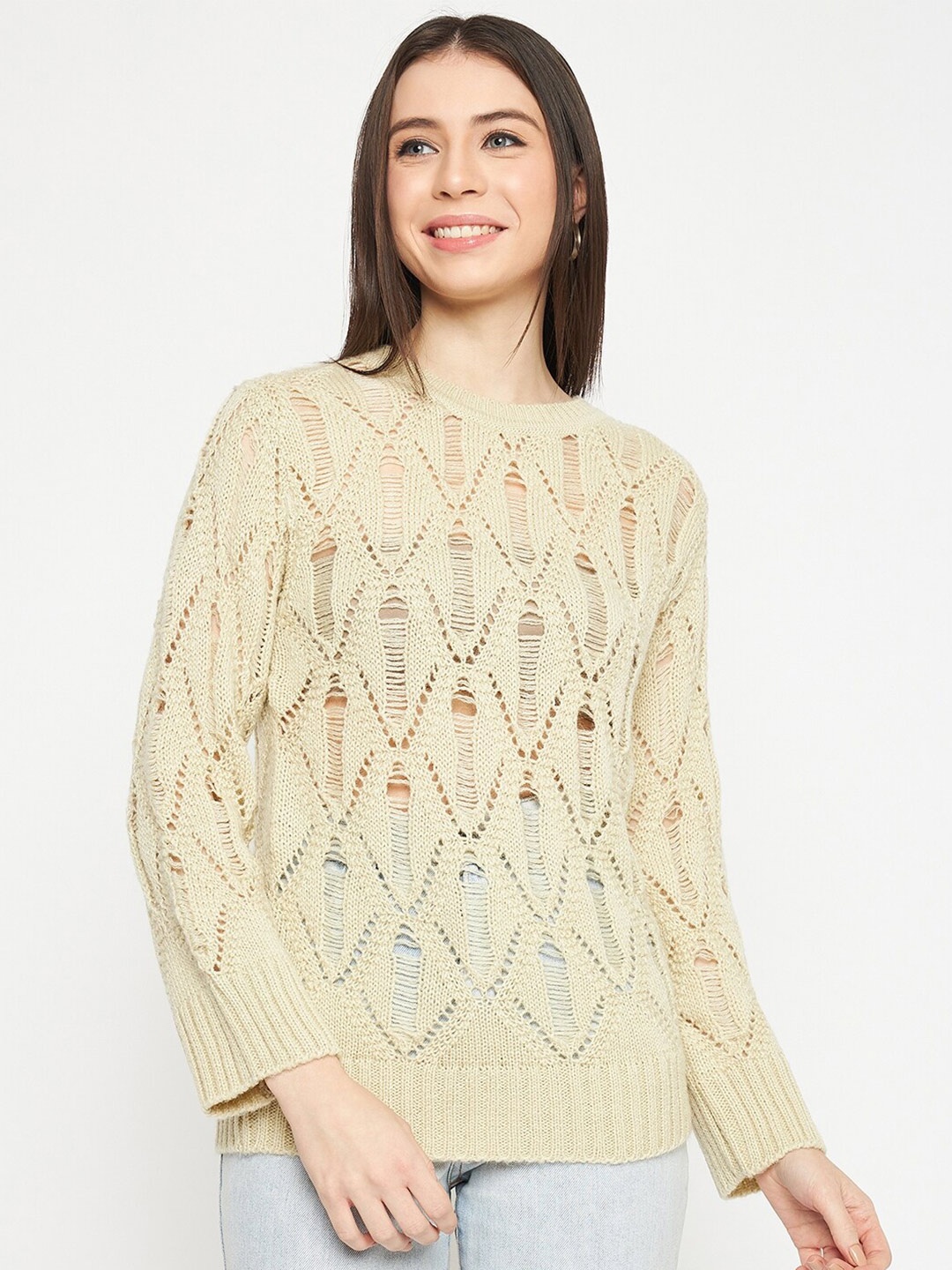 

CREATIVE LINE Open Knit Self Design Knitted Woollen Sweater, Beige