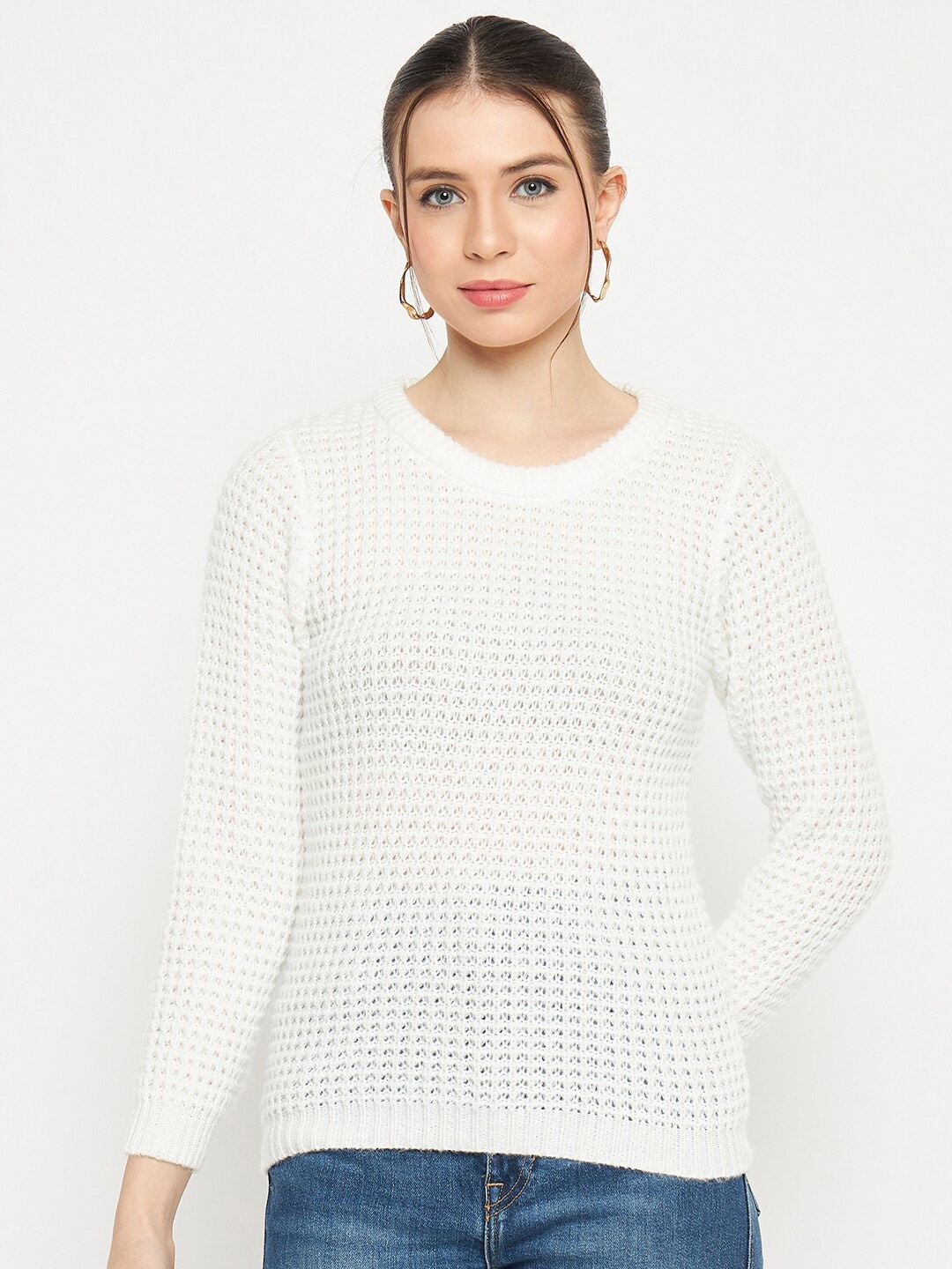 

CREATIVE LINE Open Knit Self Design Woollen Pullover Sweater, White