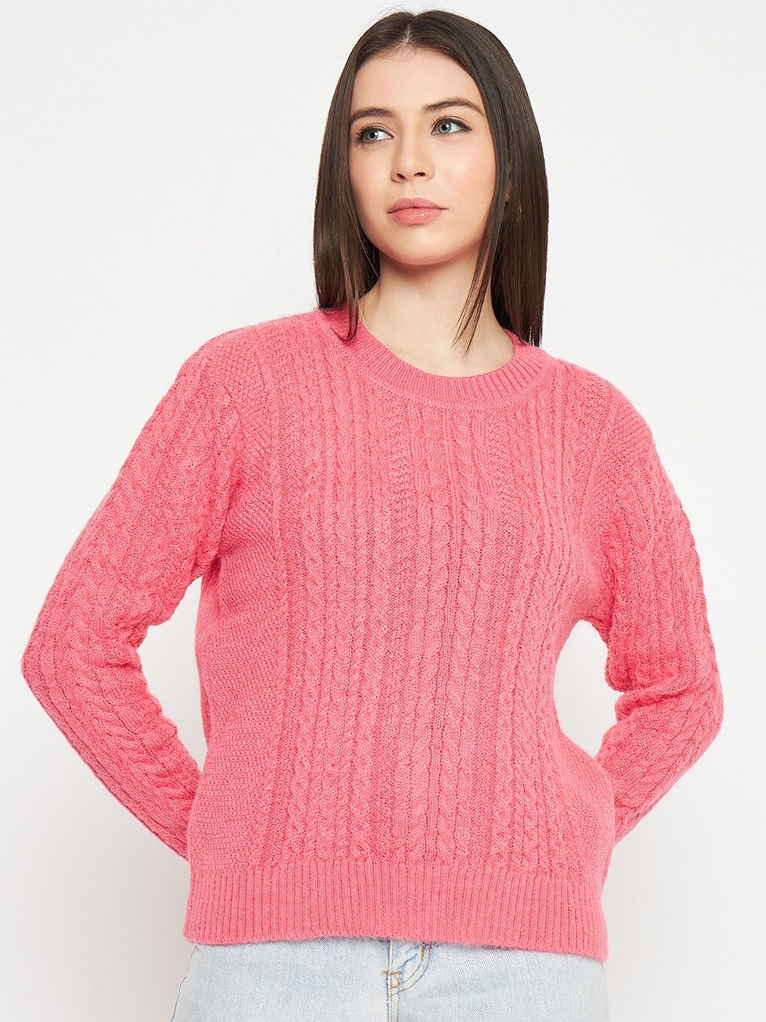 

CREATIVE LINE Cable Knit Self Design Woollen Knitted Sweater, Pink