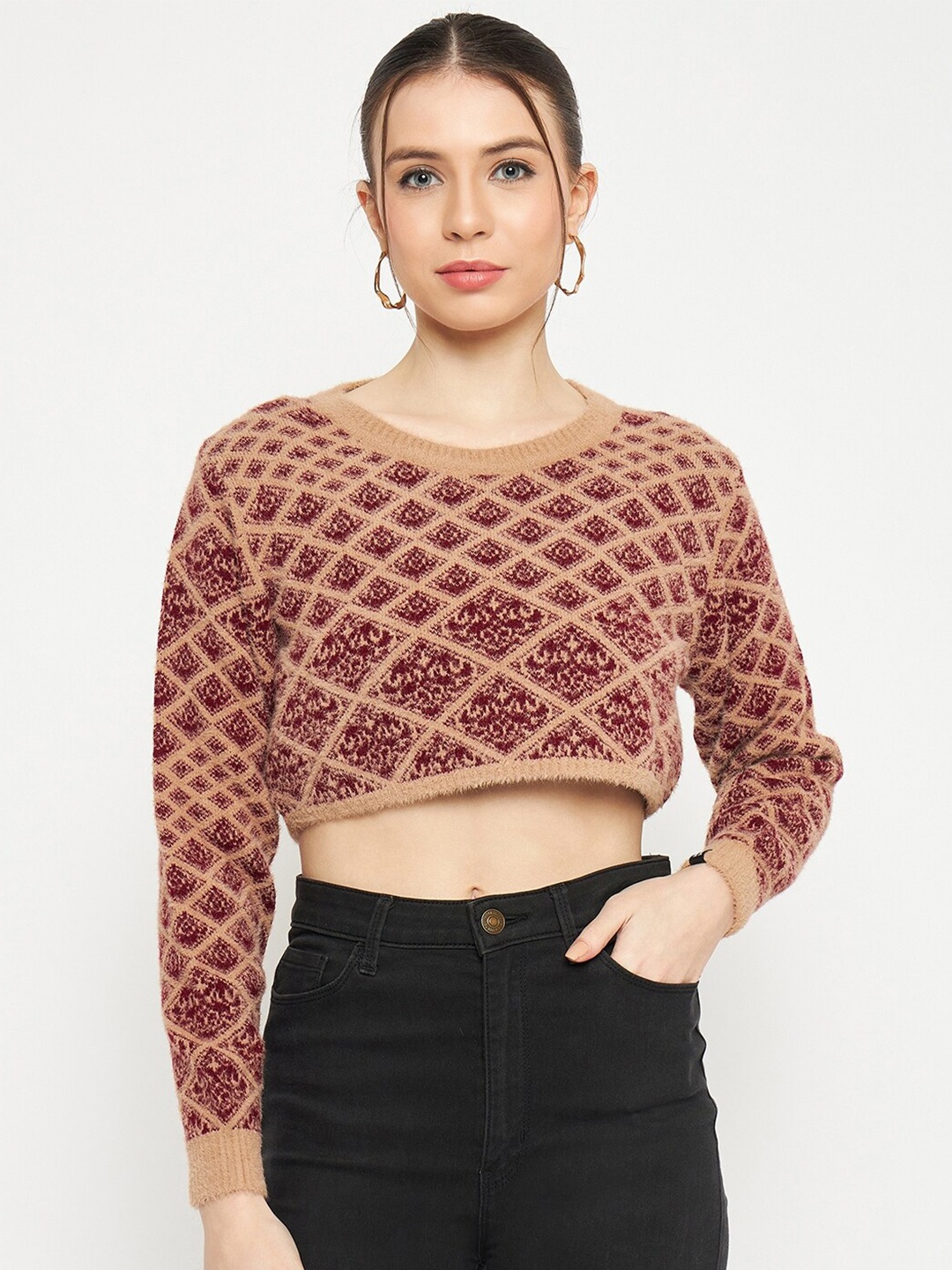 

CREATIVE LINE Self Design Woollen Pullover Sweater, Maroon
