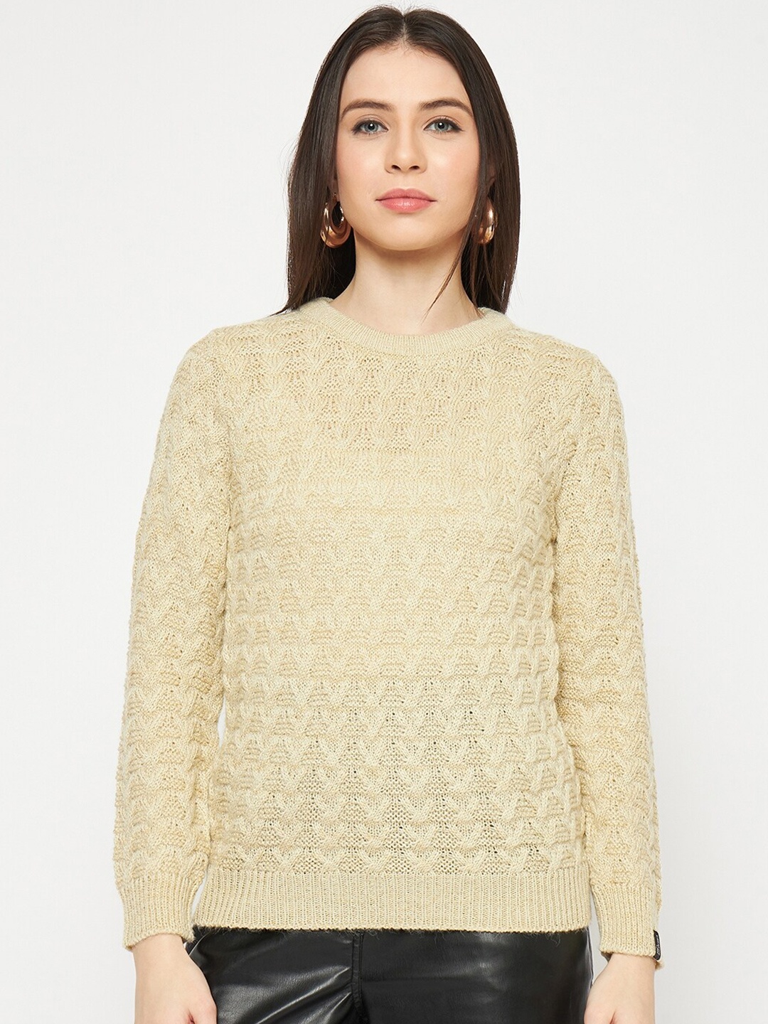 

CREATIVE LINE Self Design Woollen Pullover Sweater, Beige