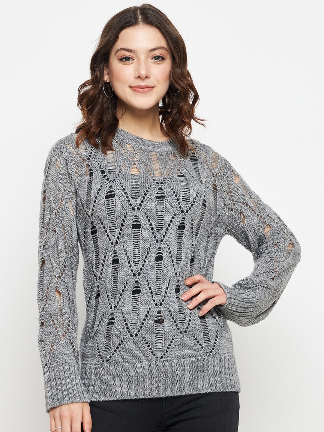 

CREATIVE LINE Self Designed Round Neck Woollen Pullover, Grey