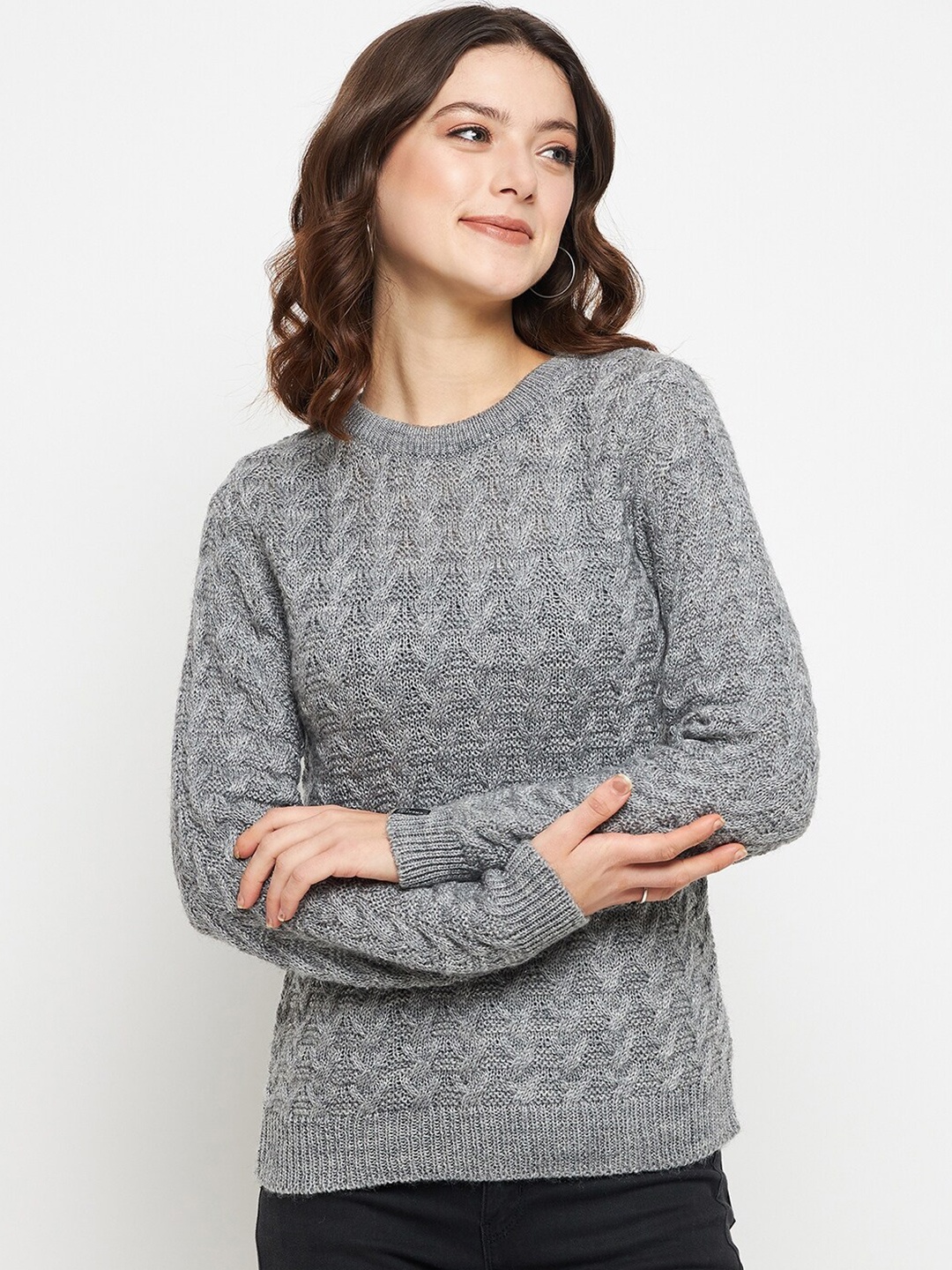 

CREATIVE LINE Self Designed Round Neck Woollen Pullover, Grey