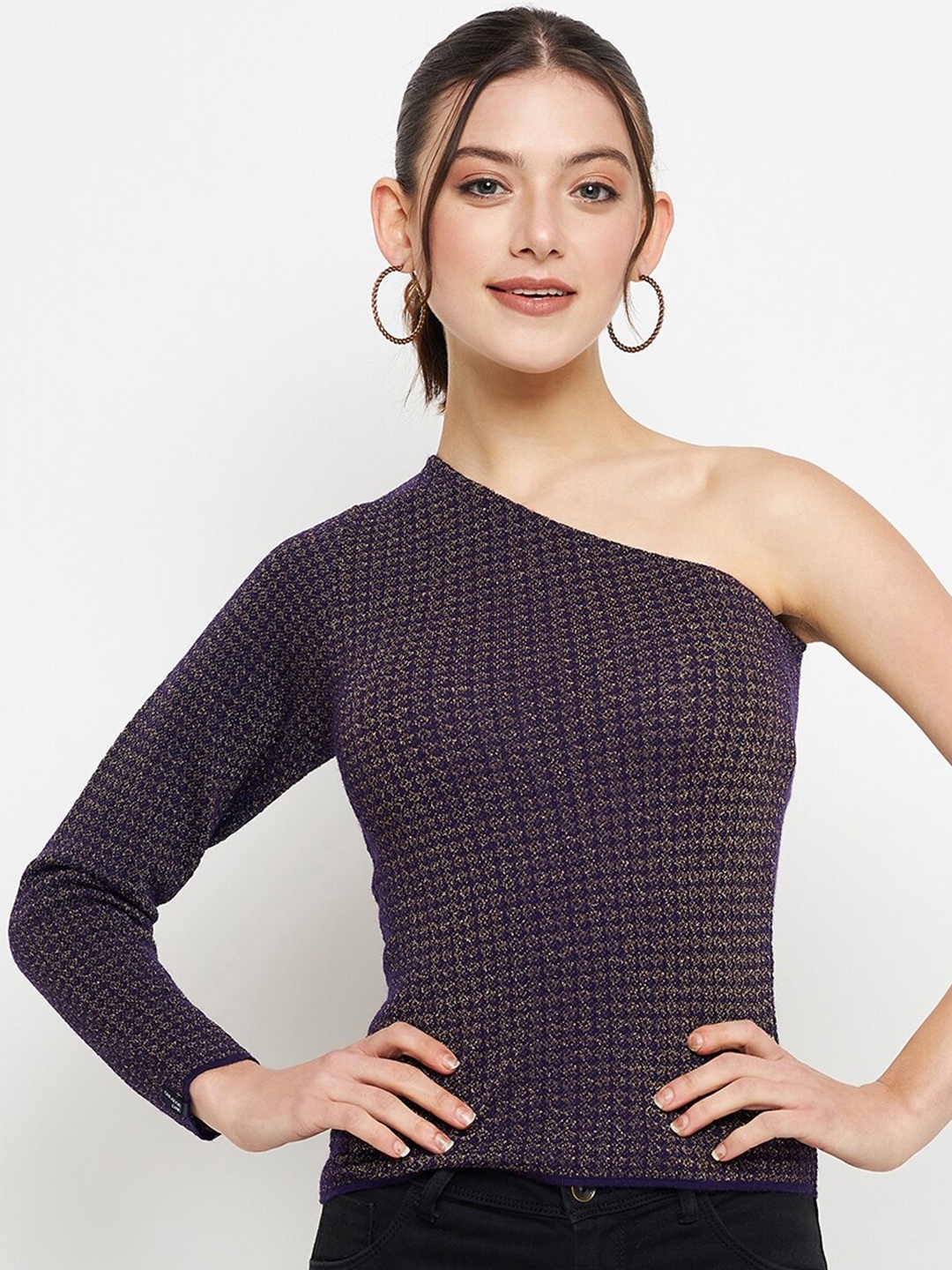 

CREATIVE LINE Self Designed One Shoulder Fitted Woollen Top, Purple