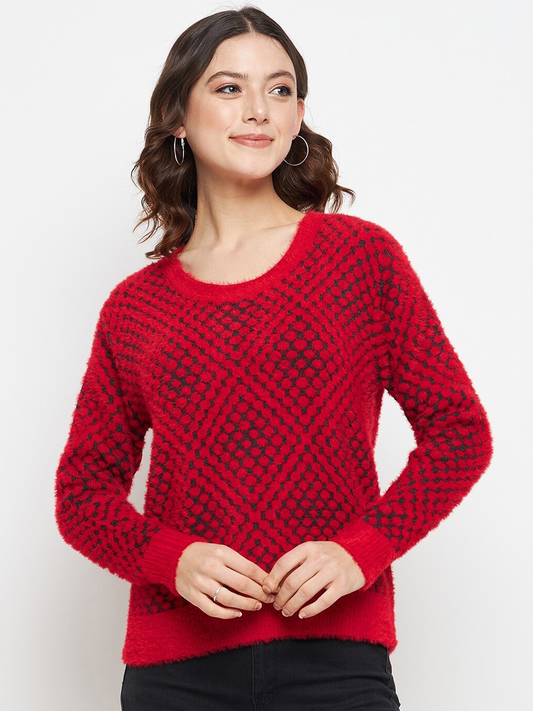

CREATIVE LINE Self Designed Round Neck Woollen Pullover, Red