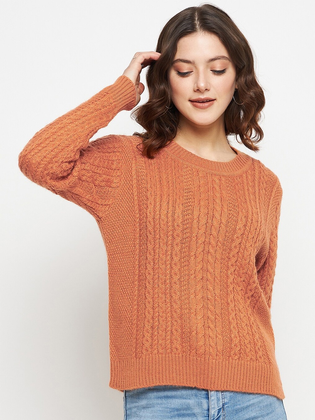 

CREATIVE LINE Self Designed Round Neck Woollen Pullover, Rust