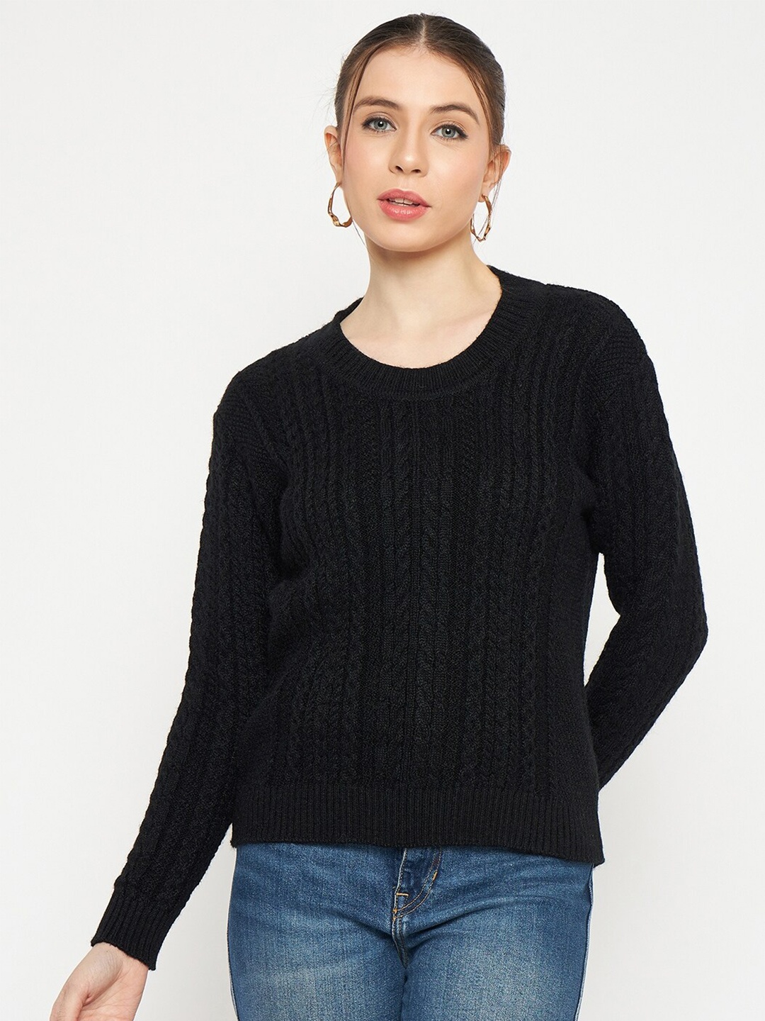 

CREATIVE LINE Self Designed Round Neck Woollen Pullover, Black