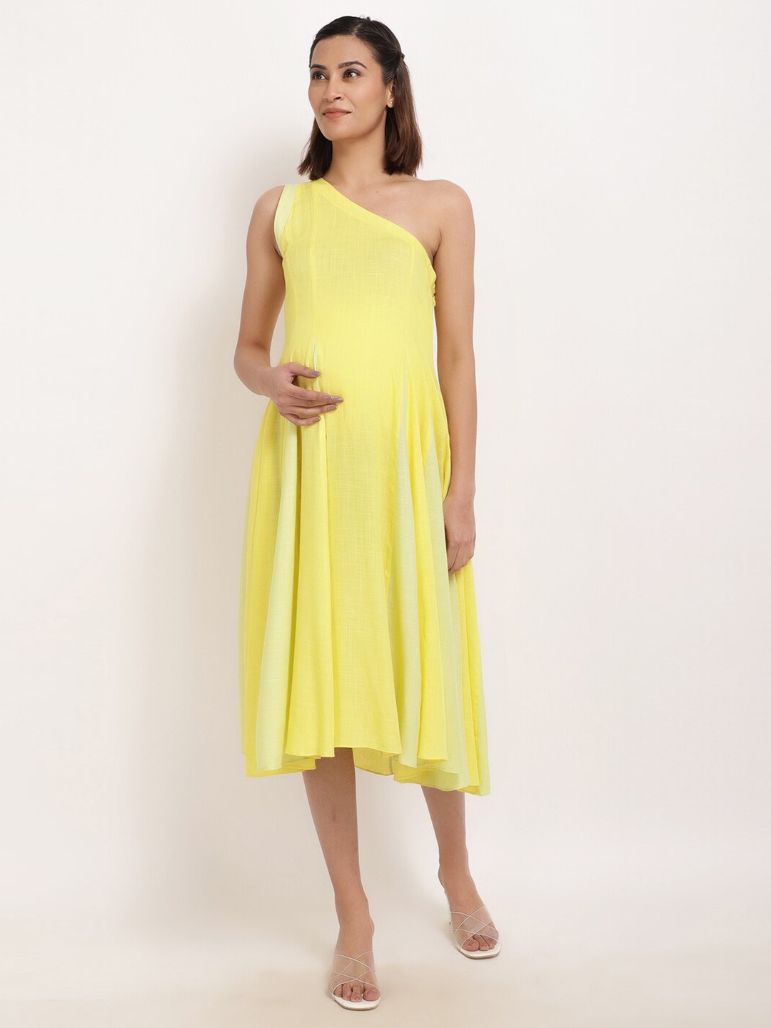 

Ranng One Shoulder Fit & Flare Midi Maternity Dress, Yellow