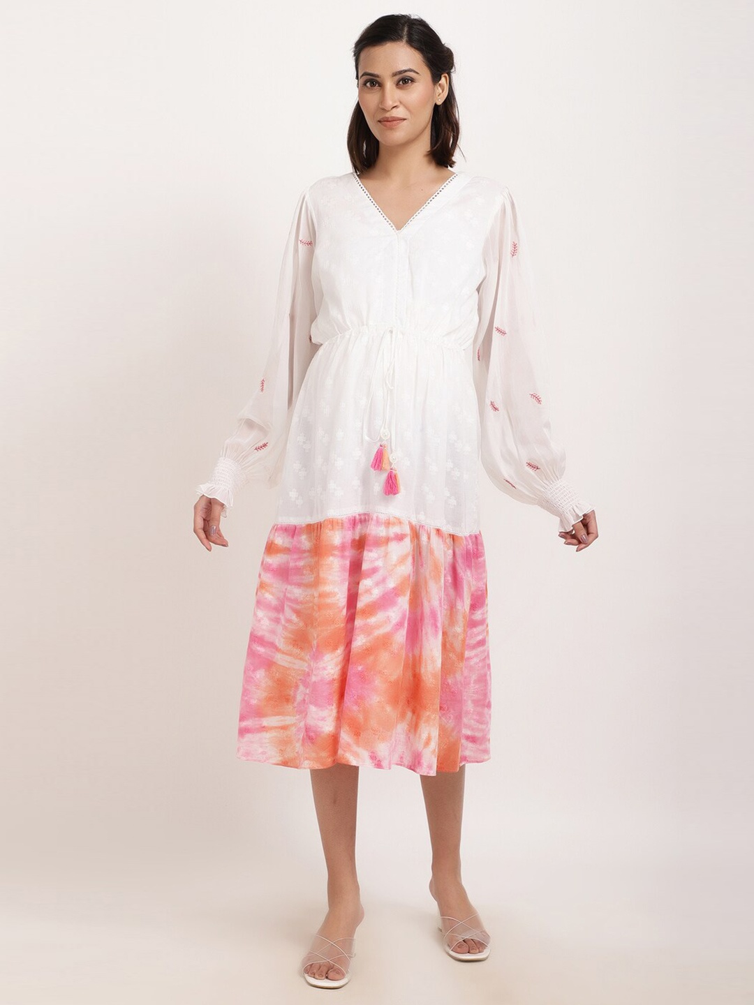 

Ranng White & Pink Tie & Dye Printed Cotton A-Line Maternity Dress